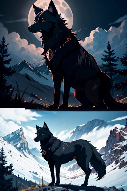 ((Masterpiece image)), A black wolf with [[shiny red eyes]], on top of the mountain with a yellow full moon at background, looking at the viewer! Unreal engine, high resolution, high quality detailed, (((masterpiece))), (((best quality))), ((ultra-detailed)), (highly detailed CG illustration), ((an extremely delicate and beautiful))