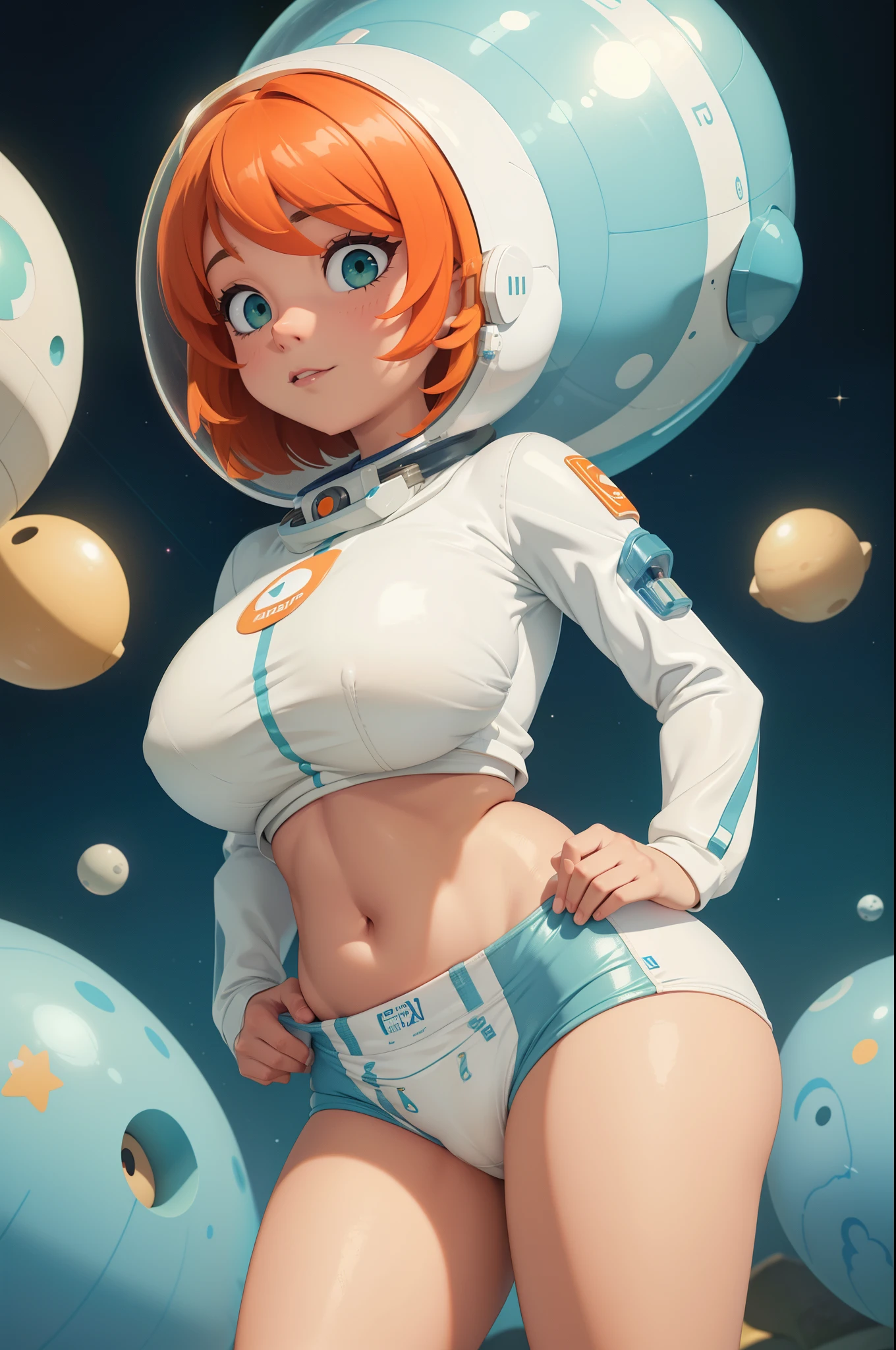 gorgeus voluptuous space scify astronaut girl with a bubble glass helmet in the head, wearing a big diaper, diapered, white and orange, deep green almond-shaped eyes, short blond hair, very small and tight micro bikini, perfect huge breasts, voluptuous wide hips, muscular thighs, muscular arms, sexy voluptuous belly, massive huge cameltoe, space, spaceship, UHD, retina, masterpiece, anatomically correct, textured skin, high details, award winning, best quality, 8k