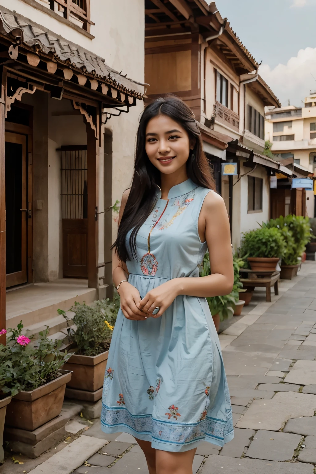 background:Nepal,beautiful girl,attractive,grey eyes,Mongolian face,illustration,vibrant colors,bright lighting,traditional dress,happy expression,flowing black hair,urban surroundings,urban cities, cities, kathmandu, green mountains,blue skies,peaceful atmosphere,smiling face,sparkling river,delicate features,serene setting,mordern patterns,lovely smile,colorful flowers,breezy atmosphere,endless beauty,positive vibes,lush vegetation,gentle breeze,happy and joyful,harmonious composition,feeling of tranquility,peace and harmony.
