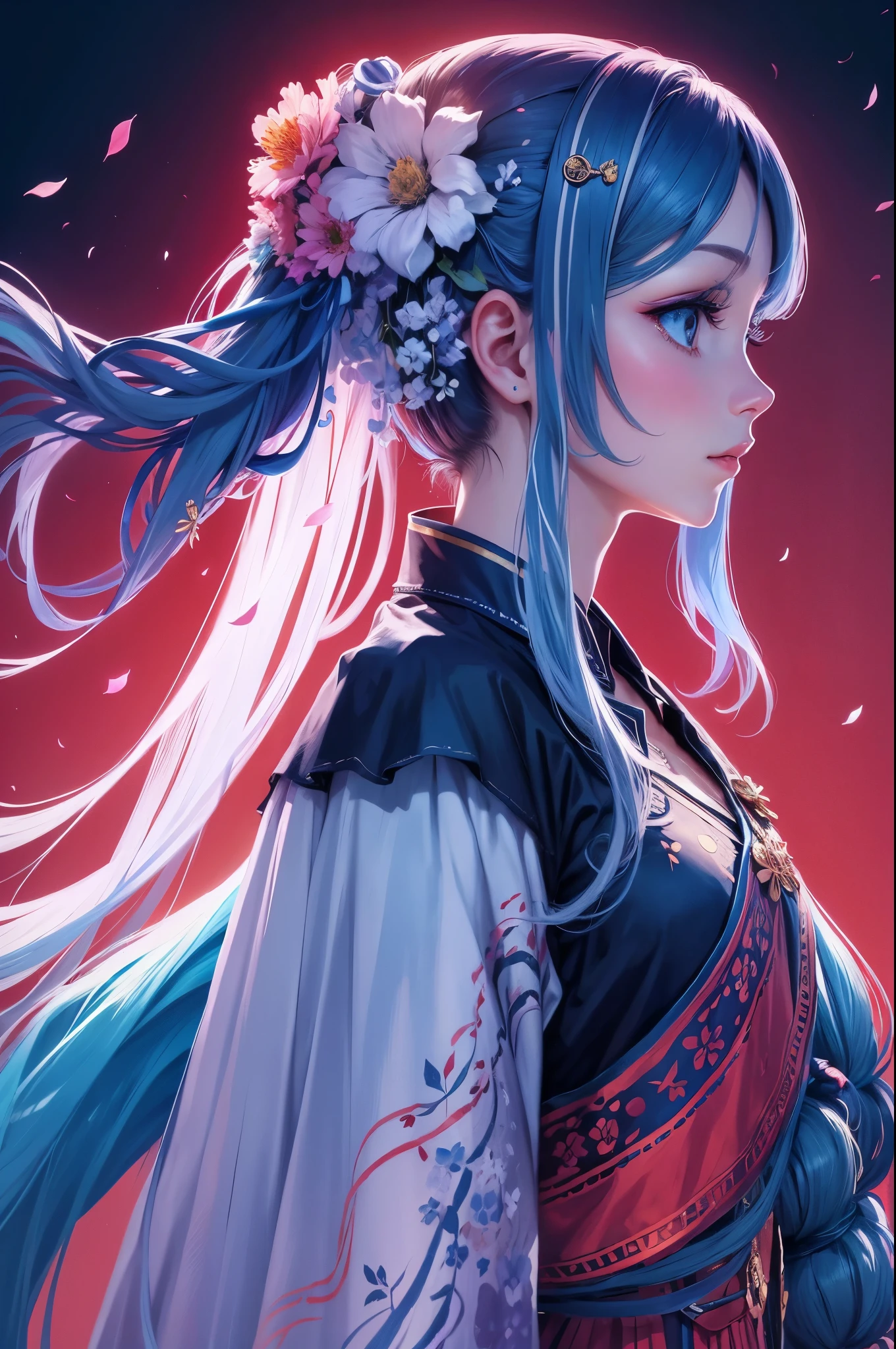 A picture of a woman with long hair，A flower stuck in his hair, Colorful costumes，The background is blue sky and white clouds