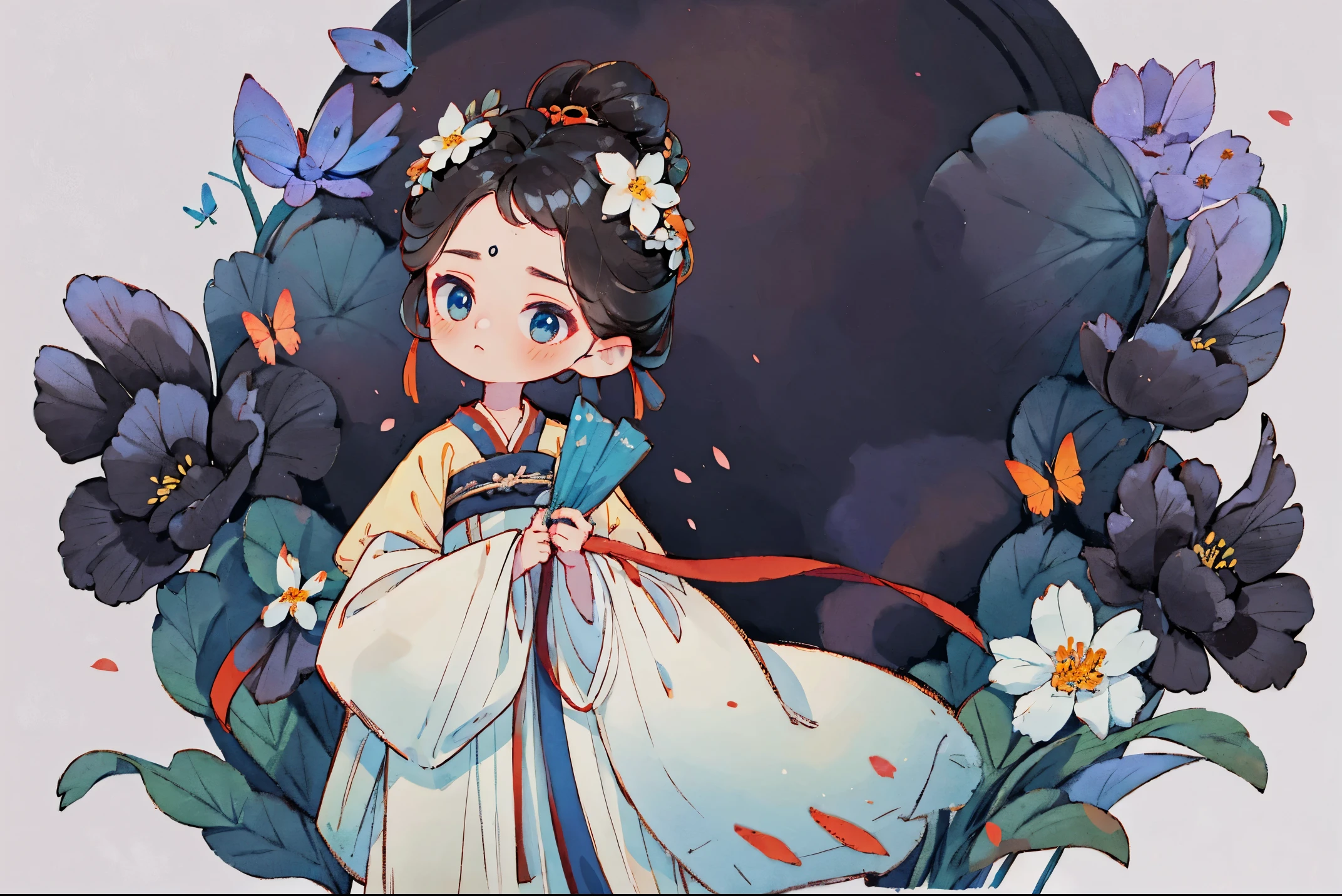 1 Sister, Alone, looking at viewert, face flushed, Background with, black hair color hair, hair adornments, longer sleeves, white backgrounid, Eternal, Full body lesbian, flowers blooming, hairflower, hair-bun, butterflys, Hanfu, tmasterpiece, recent quality, The finest details, Clear facial features, beautidful eyes