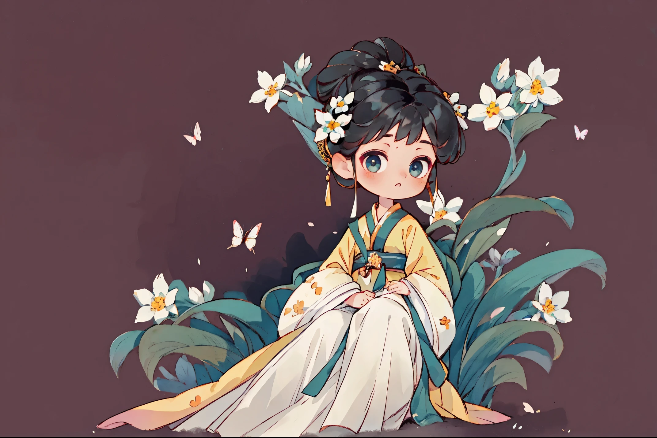 1 Sister, Alone, looking at viewert, face flushed, Background with, black hair color hair, hair adornments, longer sleeves, white backgrounid, Eternal, Full body lesbian, flowers blooming, hairflower, hair-bun, butterflys, Hanfu, tmasterpiece, recent quality, The finest details, Clear facial features, beautidful eyes