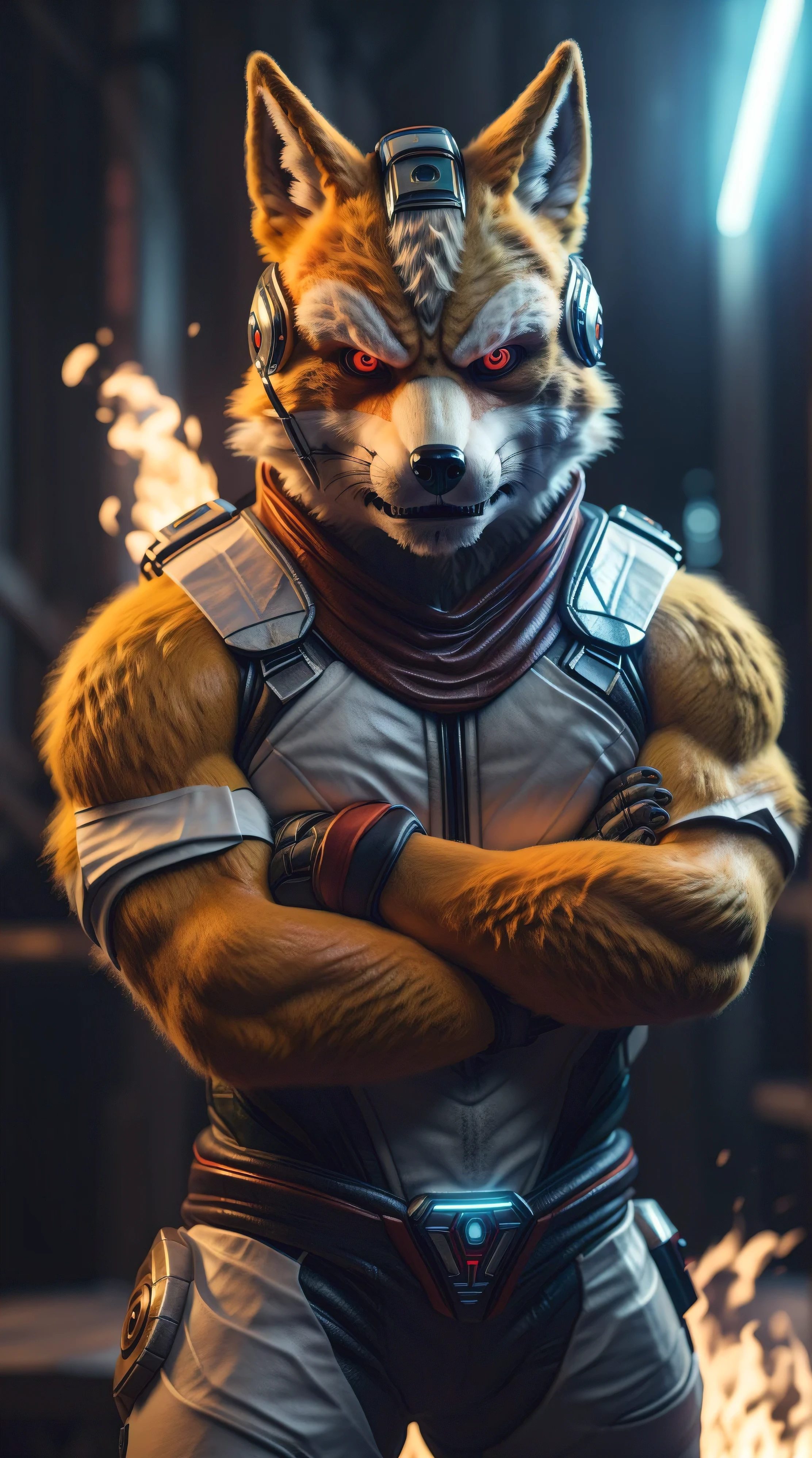 (best quality,16k,32k,highres,masterpiece:1.2),ultra-detailed,(realistic,photorealistic,photo-realistic:1.37),(The ultimate Orochi Fox Mccloud) glowing green eyes realistic fire background of totally destroyed Japan alone looking at the camera serious expression brave and confident wearing a red hood cape running 