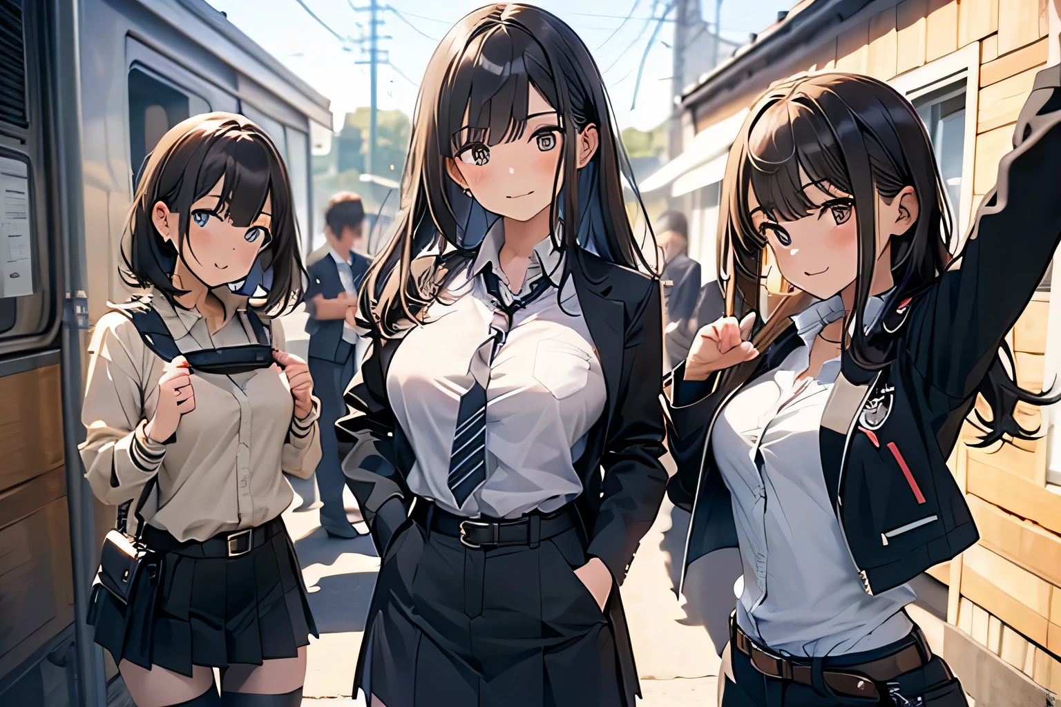Brown hair、watching at viewers a belt bulging big tits walls: Black miniskirt garters Gaze a small face bangss holster Beautuful Women Hands up レッグholster ベッドに横たわる Gaze black boots panty shot Provocation flank flank汗 Soio black suits Black jacket Black pants White cutter shirt
