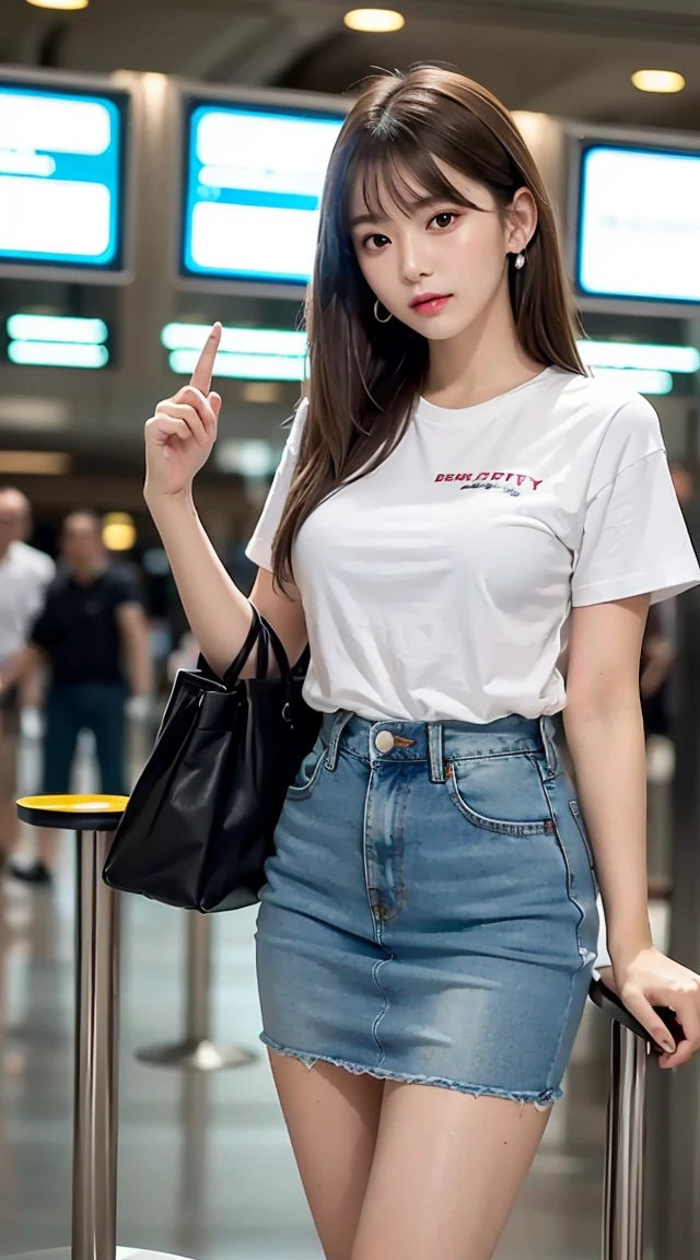 (bestquality, Piece Table, ultra hd: 1.3), 1girl in, Middlebox, Light brown hair, blunt bangs, hair behind ear, hair over shoulder, long-haired, Slender Figure, ultra-fine face, Sensitive lips, beautidul eyes, Thin blush, The eyes are light brown..... , Perfect glossy skin, Flawless skin, Glittering sweat, See here..... ., Ultra-thin hands, Ultra-fine fingers, best ratio four fingers and one thumb, (reality:1.3), finger extension, white blouse, White short skirt, super model legs, flat. , Eye-Level Shot, chesty, 10,Broadleaf forests (environment, airport terminal building) (Denim dress,t-shirt,There are letters on the shirt.'chesty s.)