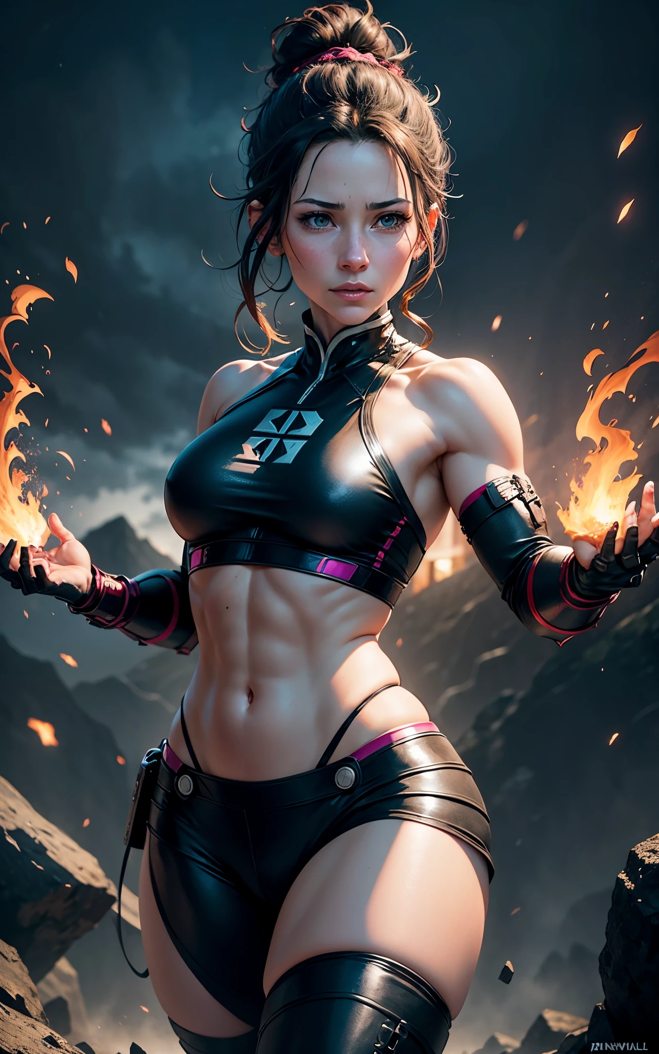 (Emily rudd:Evangeline Lilly) kunoichi coming out of a magical portal of darkness, hyperdetailed, trending on artstation, daggers in the hands, (perfect hands), hair up in a bun, action pose, anime waifu style, By David Benzal, fitness body, dark fantasy background, hdr,8k,