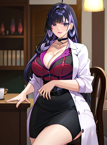 masterpiece, detailed, high quality, absurdres, meloco, 1girl, solo, arge breasts, curvy, wide hips, groin, choker, collared shirt, cleavage, black bra, labcoat, pencil skirt, side cutout, sitting, chair, infirmary,