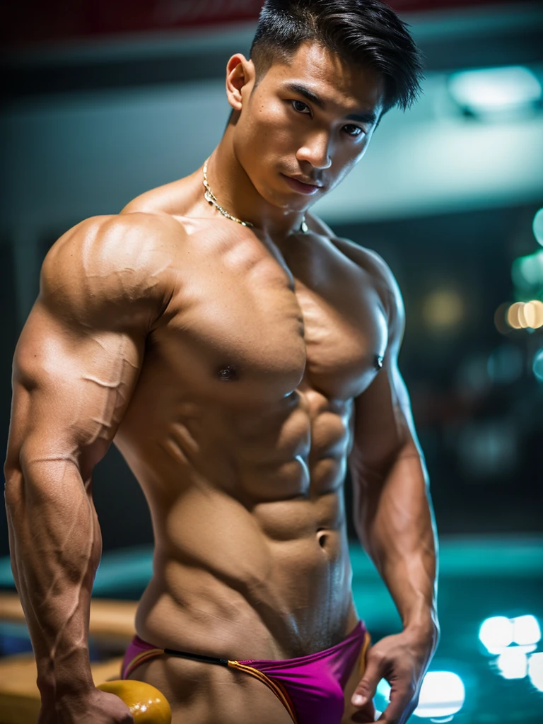 Master piece, Best quality, Super-resolution, Depth-of-field, Thai male, Bodybuilder, Bikini, slight beard.