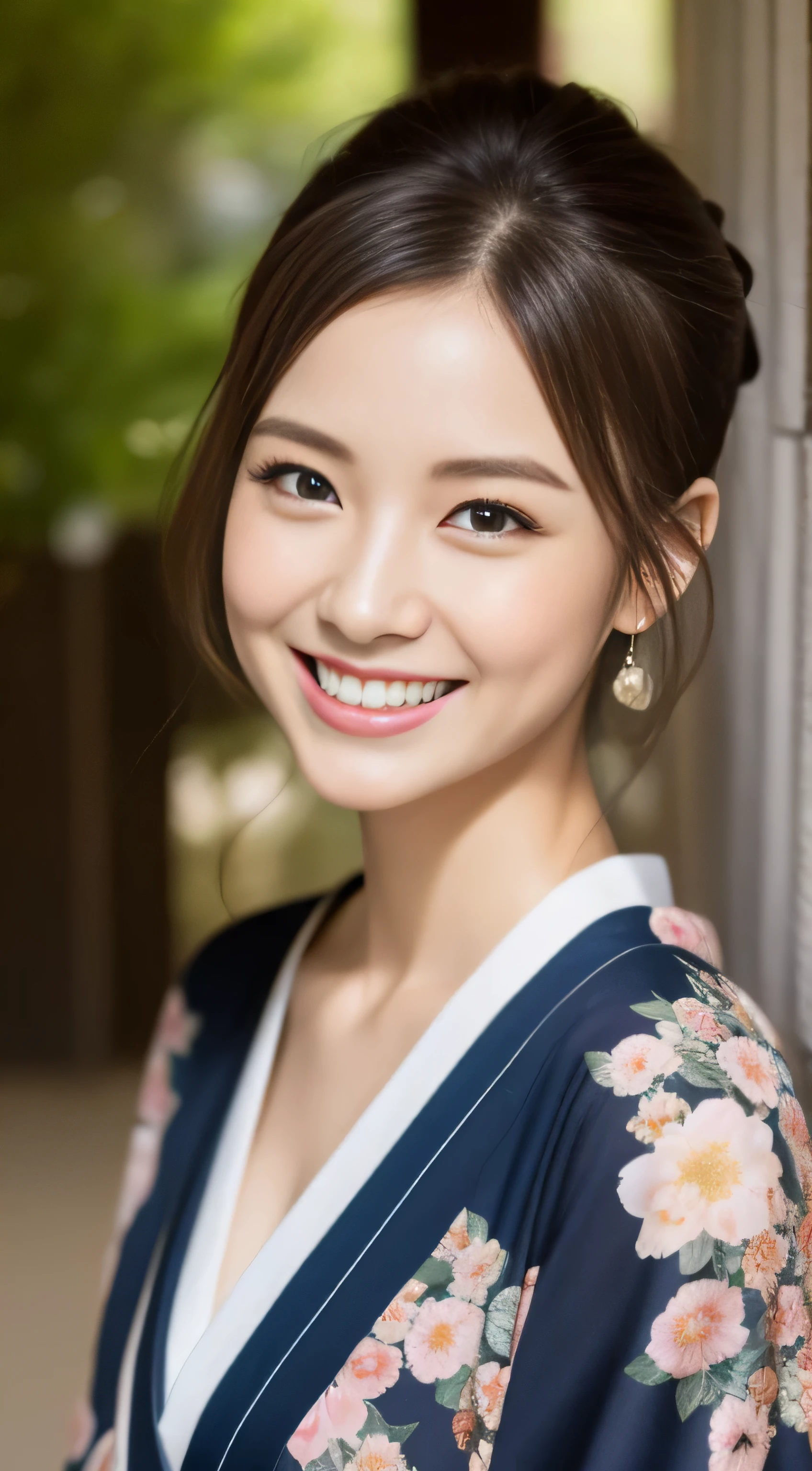 The cheerful face of the landlady、Floral Japan Kimono、Komono、hiquality、A hyper-realistic、healthy、Smiling expression、Slender perfect figure、Japan beauties、 perfect eyes beautiful skin、The upper part of the body、adult-like