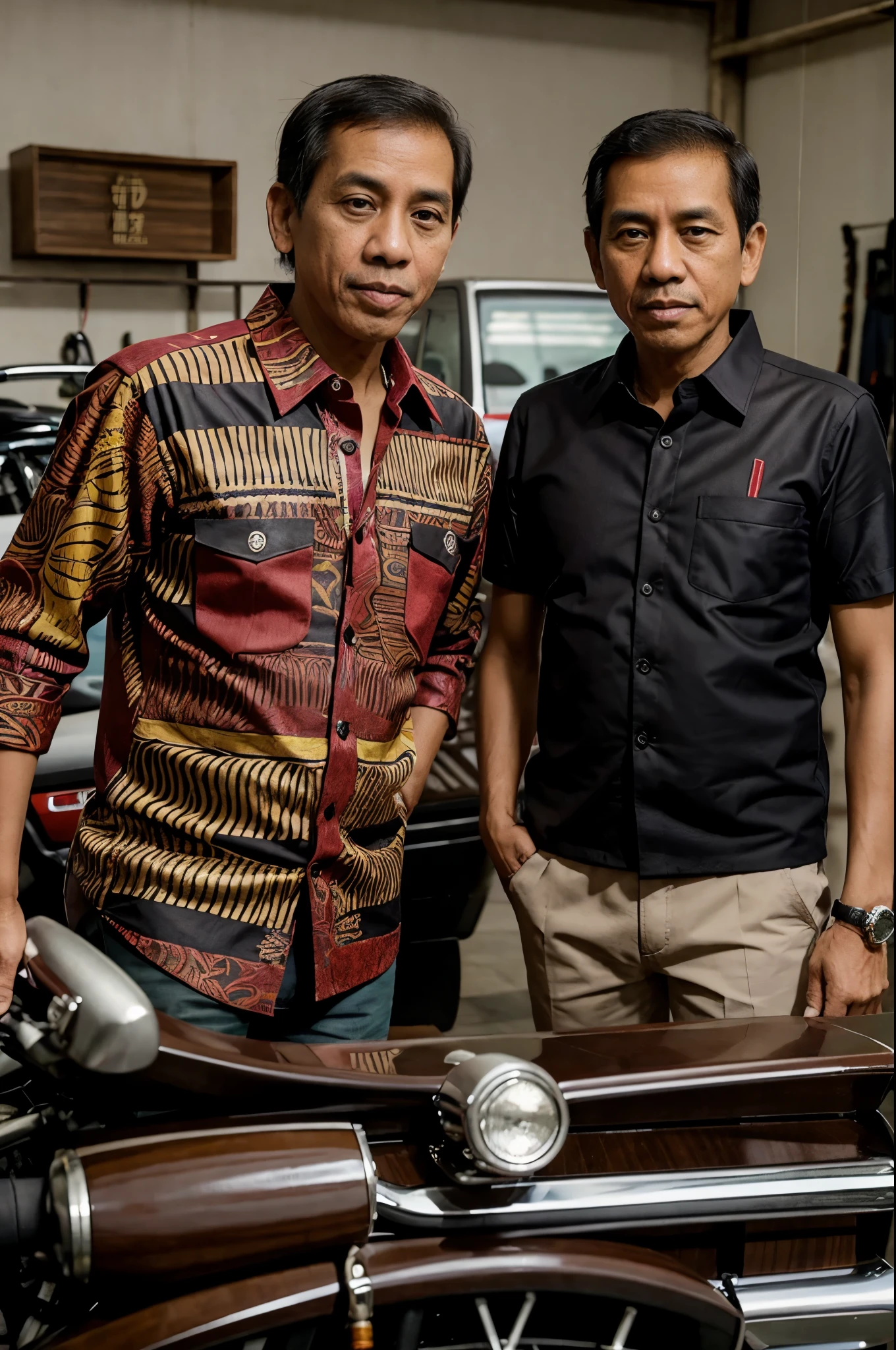 Jokowi wearing a batik shirt standing in front of the Majalaya Honda Motorcycle Dealer, the photo looks real,  Dealer name "Honda Majalaya"