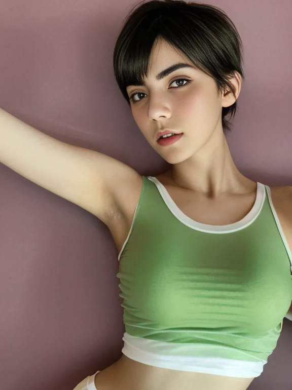 Woman, 20 years old, portrait,realistic photography, dark green short
hair  styles, realistic photography film, 4K resolution, perfect body, wearing an old short-sleeved white t-shirt with a torn inside, has 1 long wound on the chest, blur background, nsfw, naked shirt