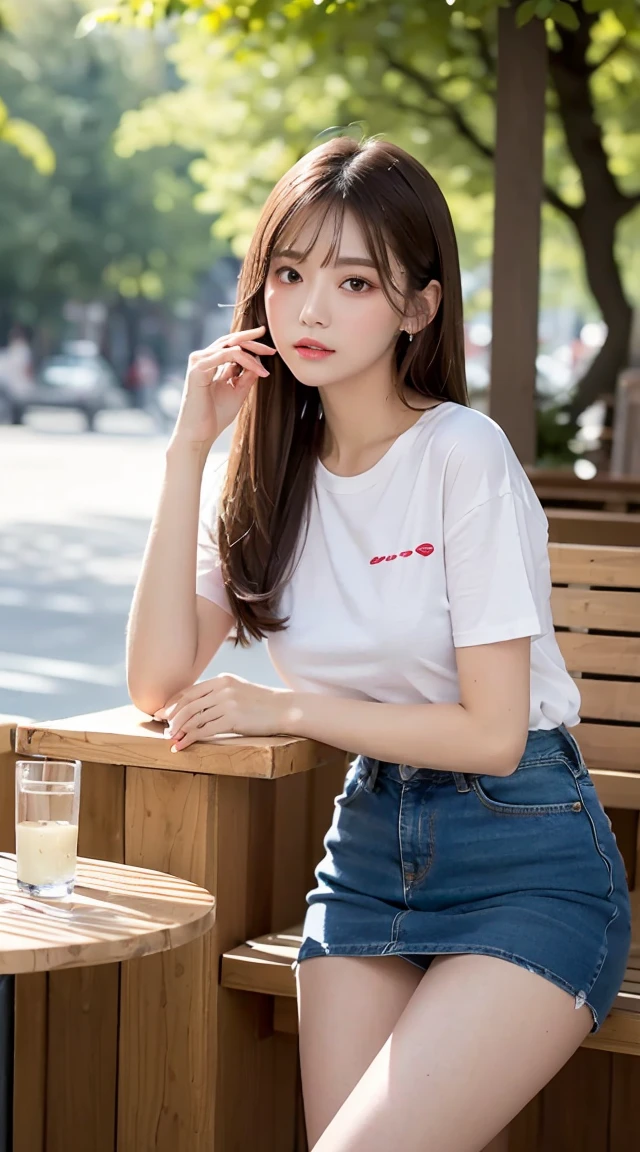 (RAW Photos), (Realistic), (masterpiece), (Highest quality), High resolution, 8K,(Volumetric Light), woman, Age 25, Short Ponytail, Straight hair, Layered Hair, Brown Hair, Very beautiful eyes, Source order, Very thin eyebrows, Very fine skin, Very beautiful mouth, Very nice nose, Cute like an idol,A smile showing white teeth, (Thick lips), (Looking at the audience), (Printed T-shirt,Cotton shorts),( Sitting on a chair in an outdoor cafe drinking juice),(From the whole body to the toes:1.3),(Side Shot),(Cowboy Shot),(自然A pose),A pose),Put your right hand on your knee,(drink juice with left hand),(Side view:1.3),(Low - Angle)