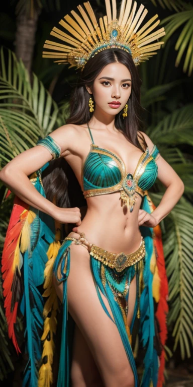 Cinematographer, High definition 4k, lo mejor de lo mejor, Beautiful woman the most beautiful, Amazonian Princess, tocado de plumas de loros y guacamayos, corona de plumas, cuerpo exuberante, cuerpo perfecto, cuerpo exuberante, cuerpo pintado