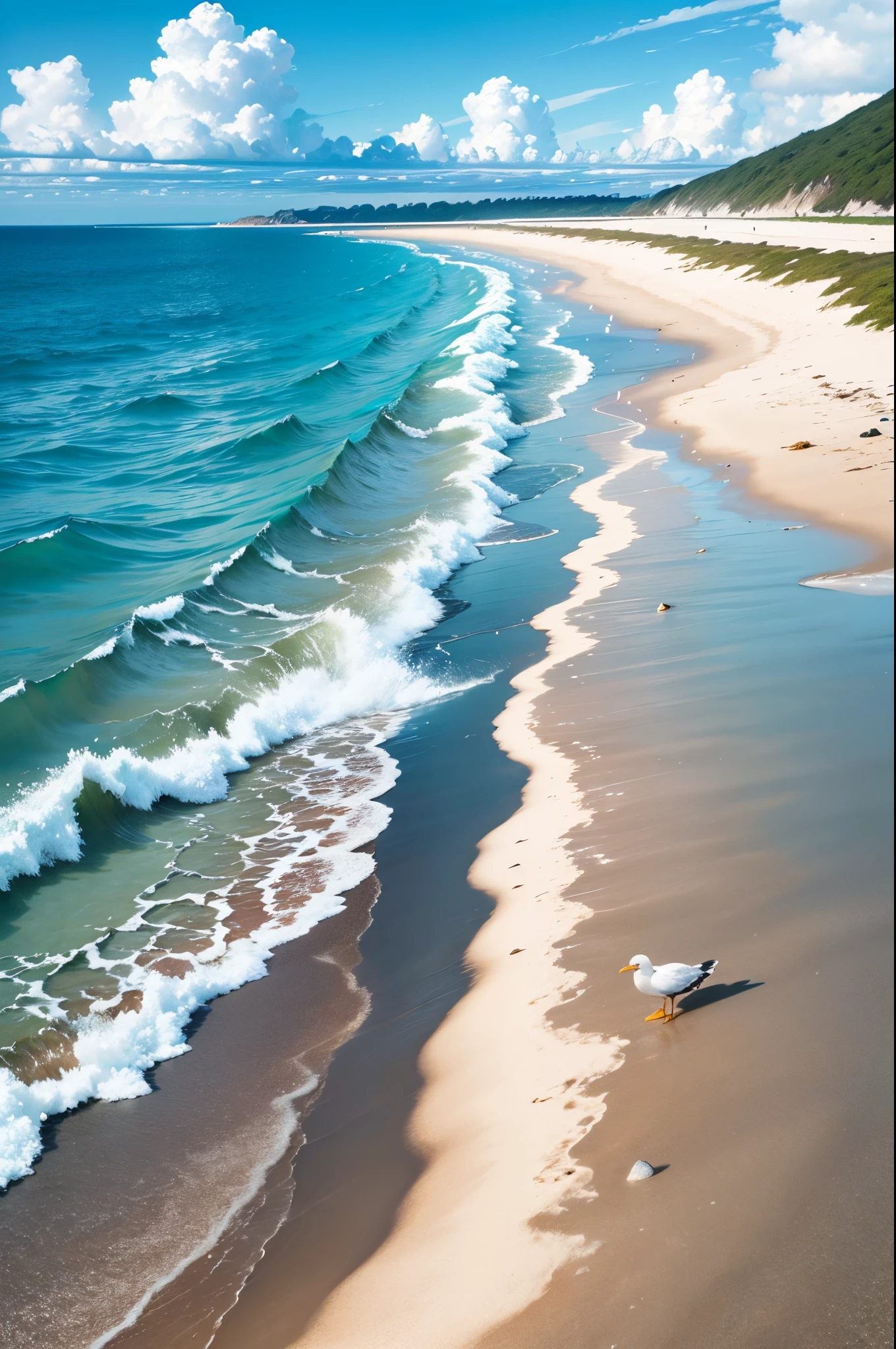 high quality,High image quality,1080P,sea level,Only the sea,From the shore towards sea level,clear sky,In smooth water,vision,Clear,One way,Water floods the pavement,pebbles,SUN,blue sky,white clouds,Glow,Reflected light from the surface of the water,seagull, Minimalism