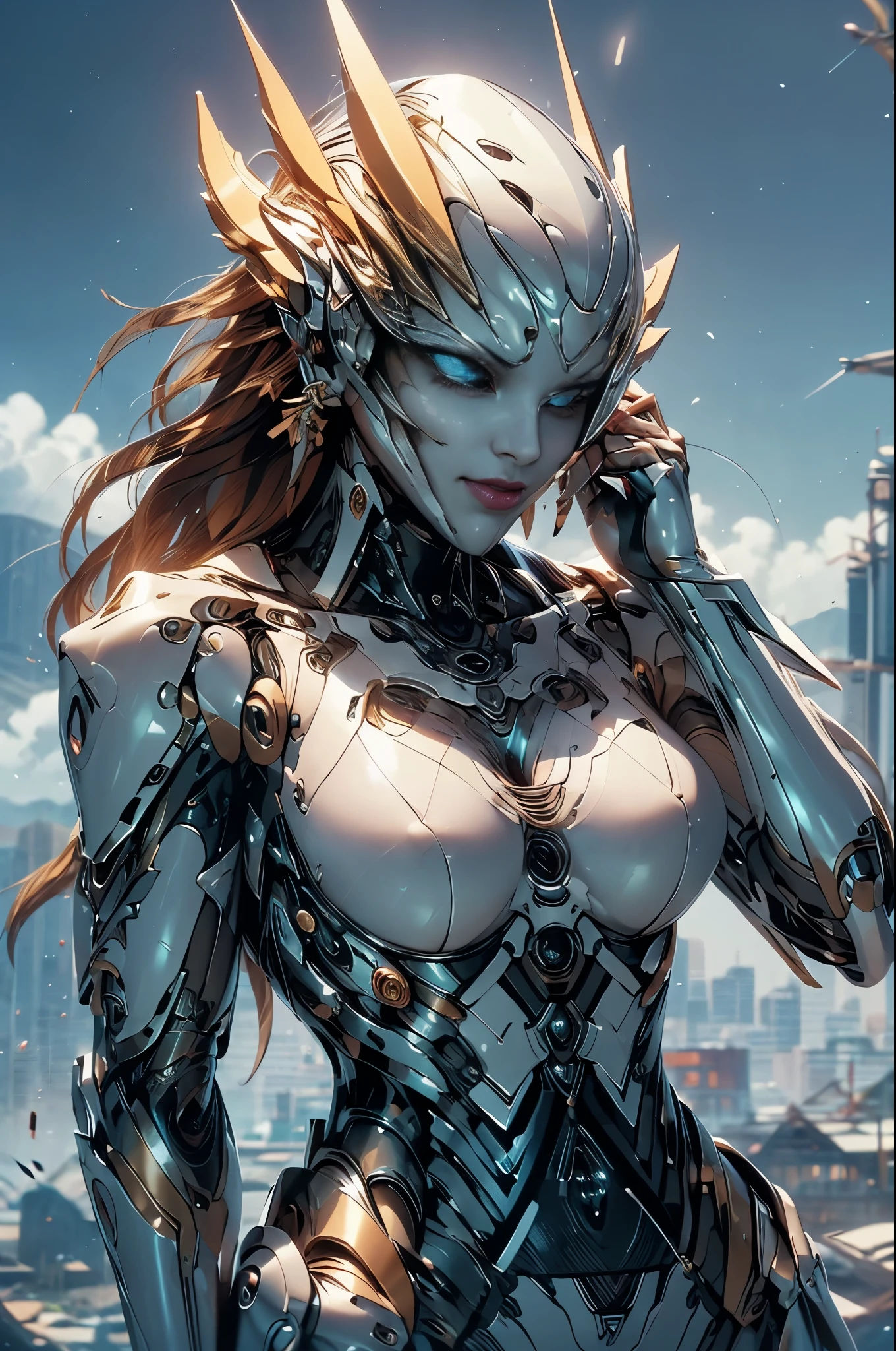 intricate ornate anime cgi style, super detailed fantasy characters, 4K highly detailed digital art, karol bak uhd, cyborg goddess in cosmos, beautiful digital works of art, 2. 5 d cgi anime fantasy artwork, Goddess. extremely high detail, portrait of cyborg queen, extremely detailed goddess shot, Half body machine, Inorganic, Next generation high performance cyborg, Goddess of Machines, The perfect cyborg, ultimate replicant, A masterpiece created by ultra-high performance AI, ultimate weapon, Best Quality, Perfect Angle, perfect-composition, sharp outline, Best Shots, perfect shapes, perfect model style, Very beautiful and detailed eyes, Hollow eyes, blue eyes without pupils