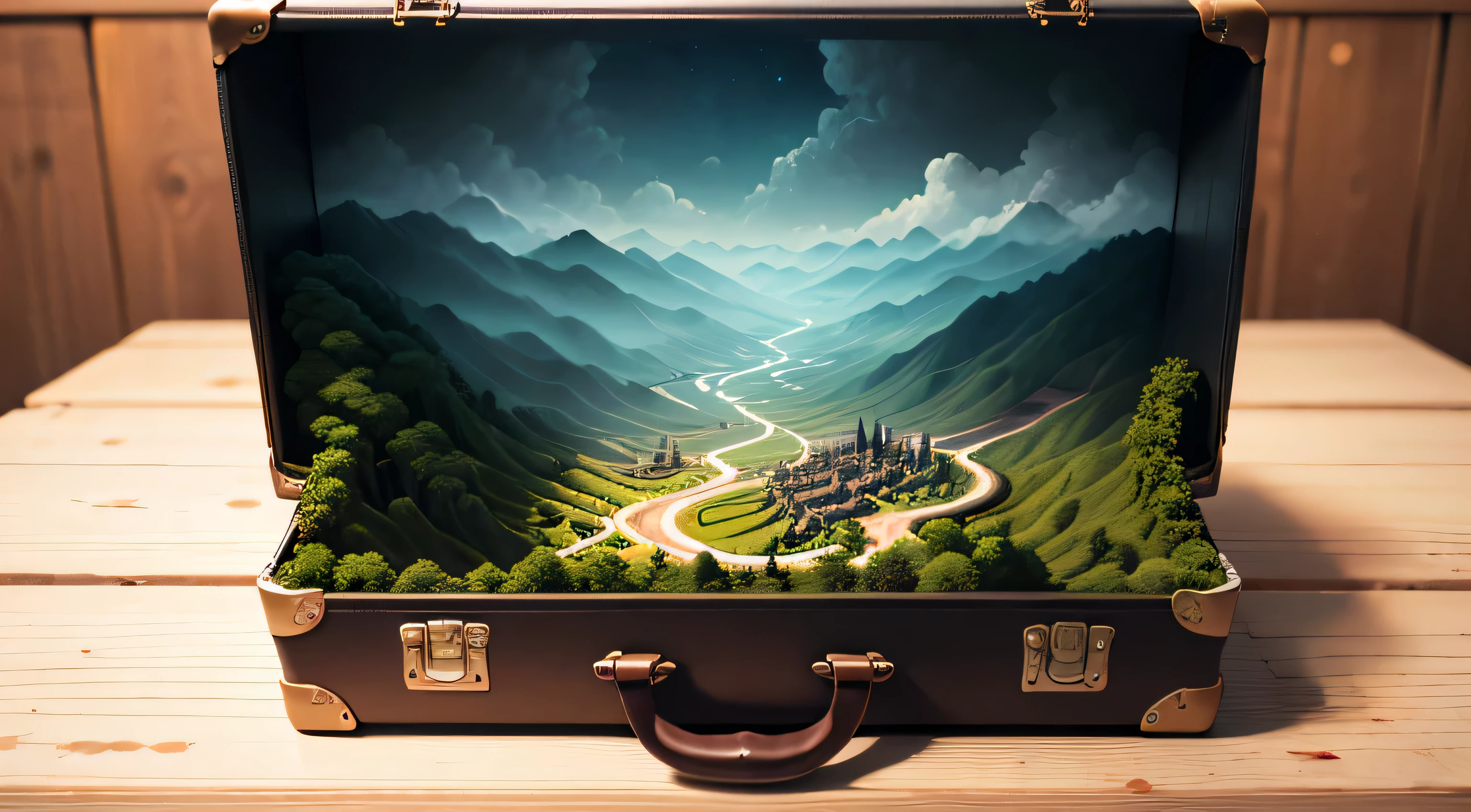 an open suitcase(Inside the suitcase is an intricate miniature landscape of a rural Chinese town.), Oliva ambient light, On a table, 4KUHD, dark ambiance, ultra - detailed, Terrazzo，There are small towns，terraced，ricefield，There are mountains and waters，フォトリアリスティック，真实感，Bright color forest background, Epic work,