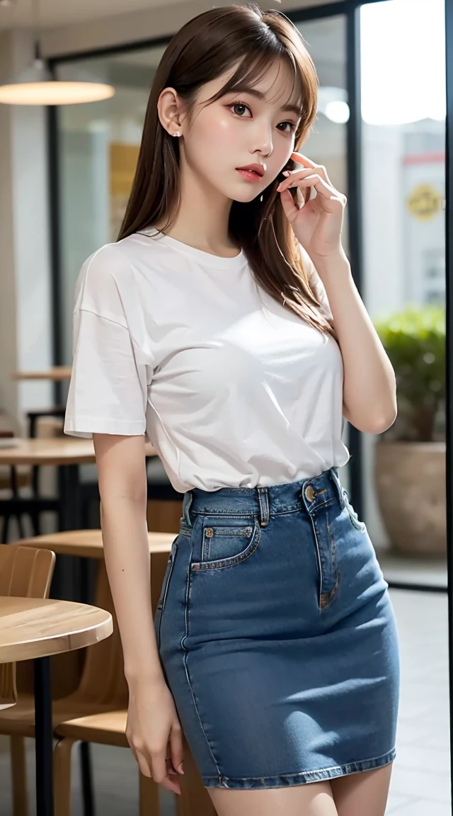 (bestquality, Piece Table, ultra hd: 1.3), 1girl in, Middlebox, Light brown hair, blunt bangs, hair behind ear, hair over shoulder, long-haired, Slender Figure, ultra-fine face, Sensitive lips, beautidul eyes, Thin blush, The eyes are light brown....... , Perfect glossy skin, Flawless skin, Glittering sweat, See here....... ., Ultra-thin hands, Ultra-fine fingers, best ratio four fingers and one thumb, (reality:1.3), finger extension, white blouse, White short skirt, super model legs, flat. , Eye-Level Shot, chesty, 10,Broadleaf forests (environment, shopping mall) (Denim Dresses,t-shirt,There are letters on the shirt...'chesty s.)