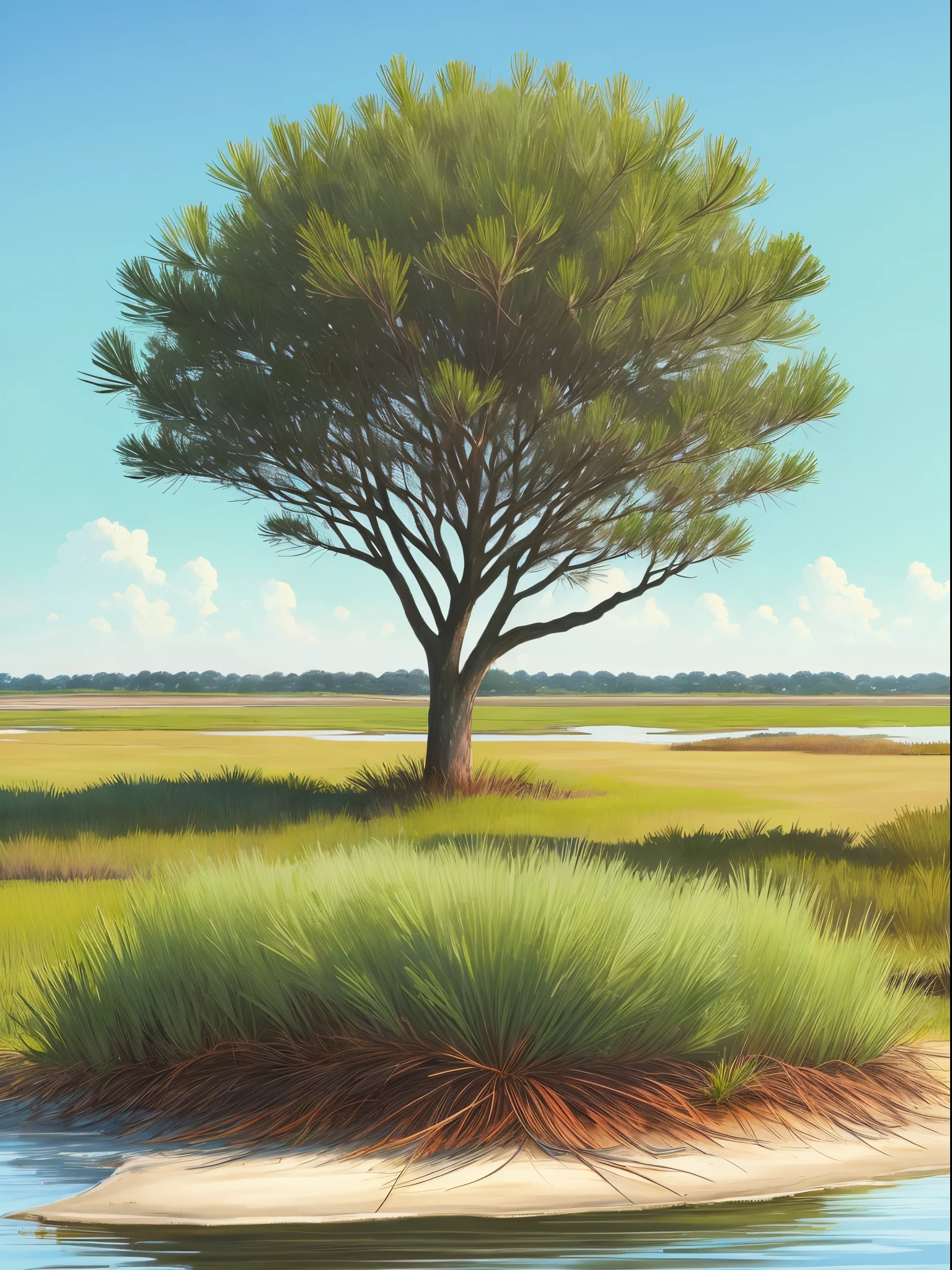 a lone palmetto tree in a grassy field with a saltmarsh background.