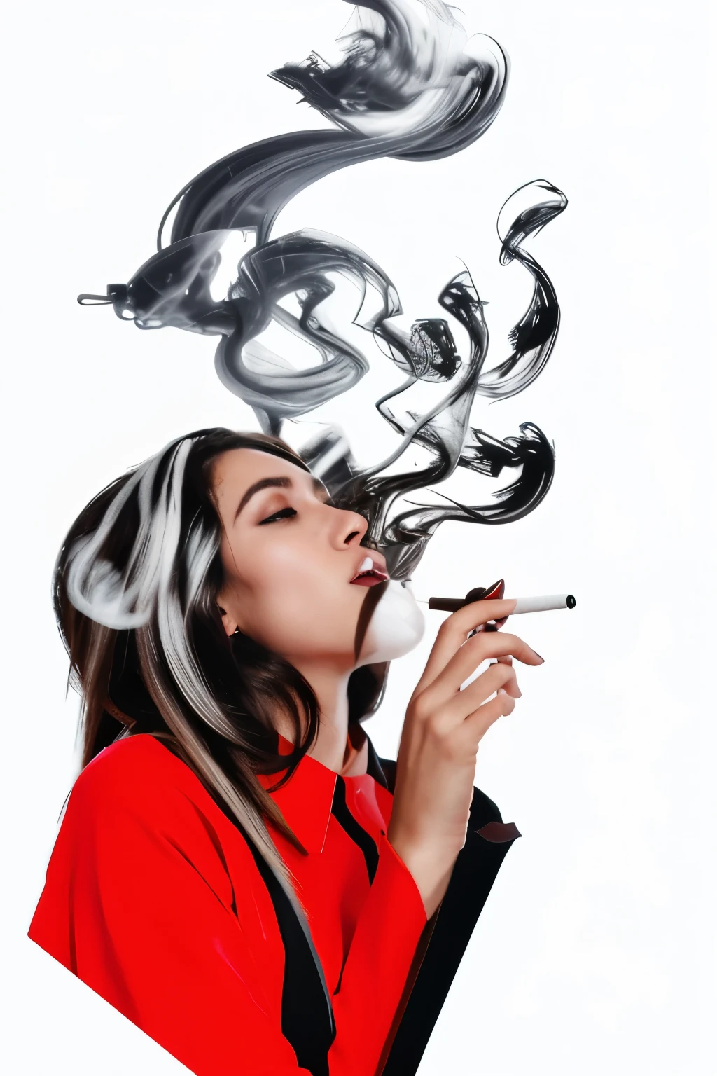 araffe smoking a cigarette with a red shirt and black background, smoking woman, dramatic smoking pose, smoke out of her eyes, high contrast illustrations, woman smoking cigarette, woman smoking a cigarette, smokes, smoke around her, in style of digital illustration, portrait of a smoking woman, cigarette, high contrast illustration, cigarette smoke, inspired by Asaf Hanuka