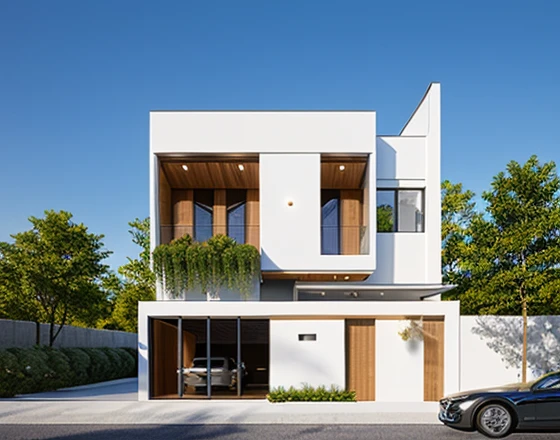 Modern Architecture, granite walls, wooden floors, wall painted white, concrete ceilings, black rail ceilings, xingfa glass doors, lawn garden views, ornamental plants, sunrise, realistic, best quality , sharpest image, sunset light, Vray rendering, full detail,8k