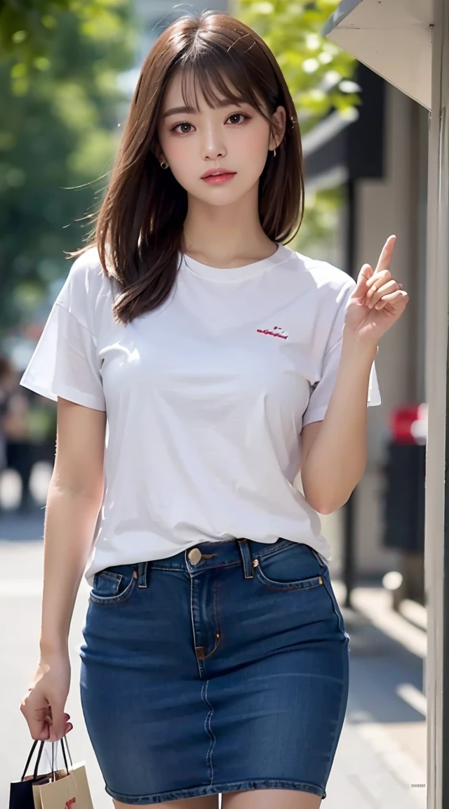 (bestquality, Piece Table, ultra hd: 1.3), 1girl in, Middlebox, Light brown hair, blunt bangs, hair behind ear, hair over shoulder, long-haired, Slender Figure, ultra-fine face, Sensitive lips, beautidul eyes, Thin blush, The eyes are light brown........ , Perfect glossy skin, Flawless skin, Glittering sweat, See here........ ., Ultra-thin hands, Ultra-fine fingers, best ratio four fingers and one thumb, (reality:1.3), finger extension, white blouse, White short skirt, super model legs, flat. , Eye-Level Shot,  chesty, 10,Broadleaf forests (environment, shopping mall) (Denim Dresses,t-shirt,There are letters on the shirt....&#39;chesty s.)