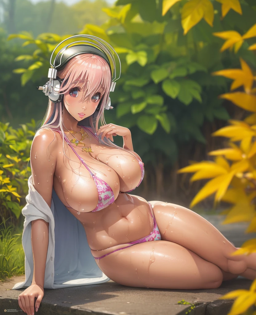 (best quality, highres, realistic:1.37) super sonico fully nude,big boobs,showing wet pussy, big even nipples,location is in japan during autumn,very detailed face,face looks seductive, pink hair, detailed brown eyes, no clothes, showing vagaina