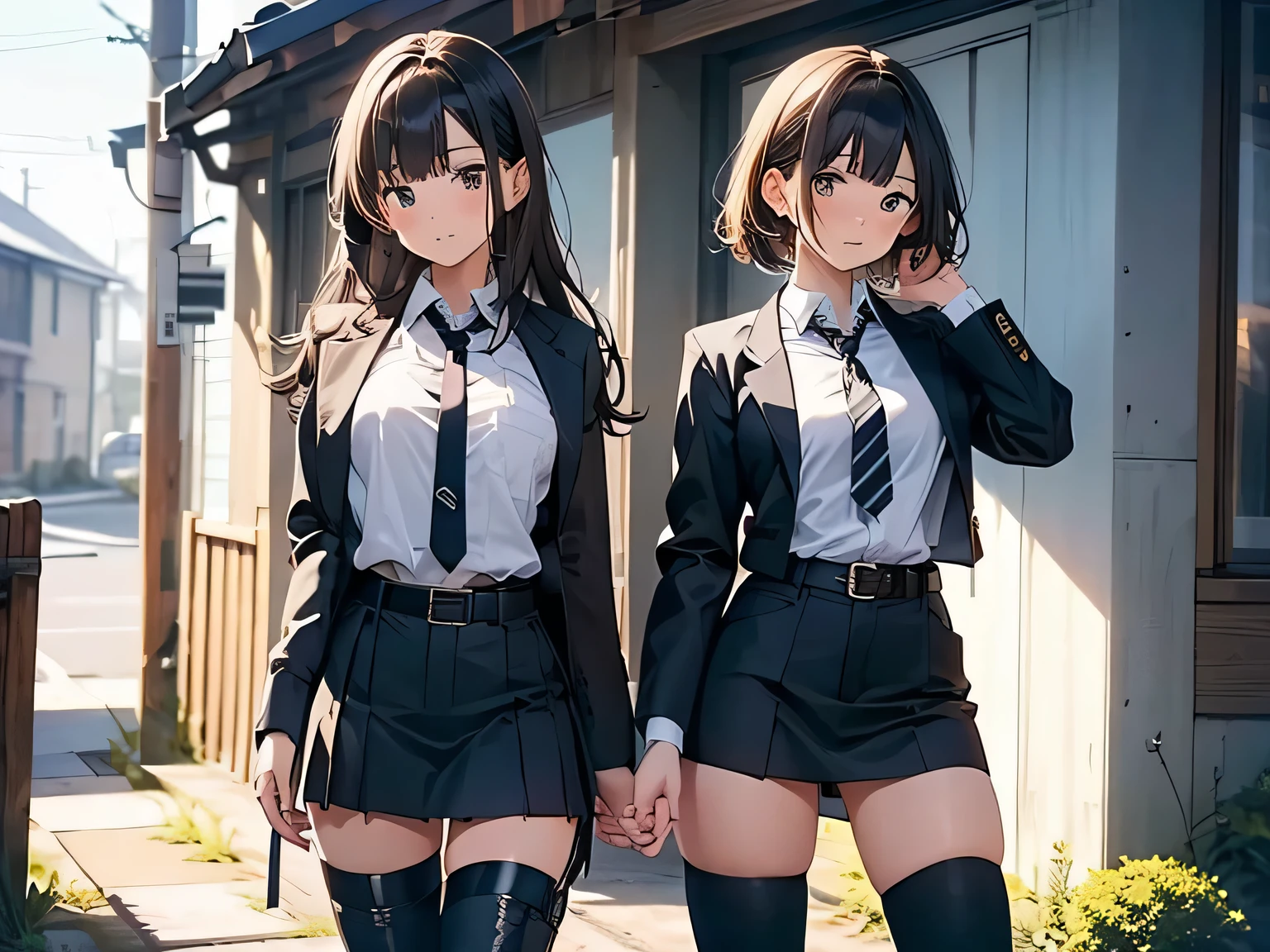 Brown hair、watching at viewers a belt bulging big tits walls: Black miniskirt garters Gaze a small face bangss holster Beautuful Women Hands up レッグholster ベッドに横たわる Gaze black boots panty shot Provocation flank flank汗 Soio black suits Black jacket Black pants White cutter shirt