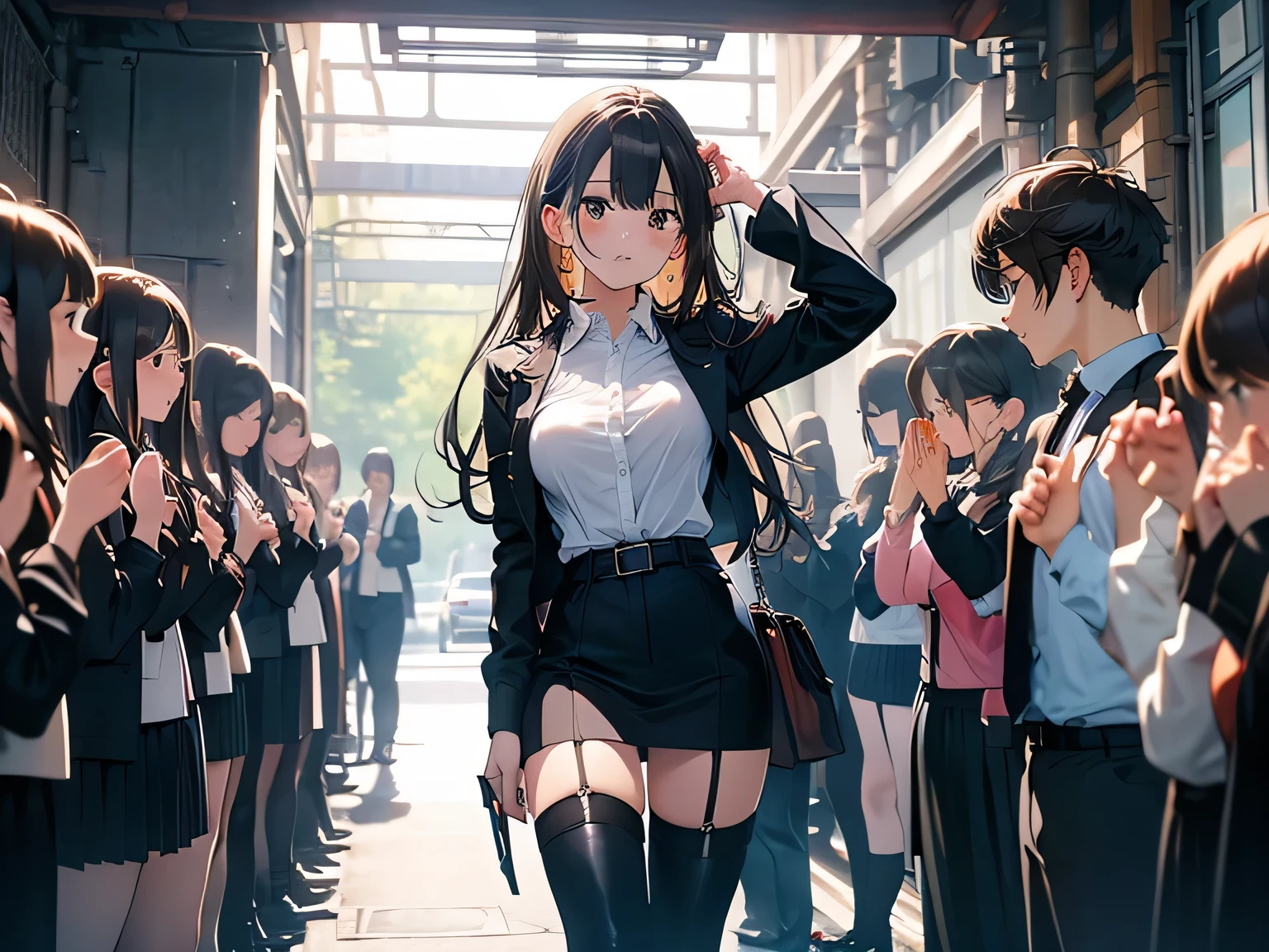 Brown hair、watching at viewers a belt bulging big tits walls: Black miniskirt garters Gaze a small face bangss holster Beautuful Women Hands up レッグholster ベッドに横たわる Gaze black boots panty shot Provocation flank flank汗 Soio black suits Black jacket Black pants White cutter shirt