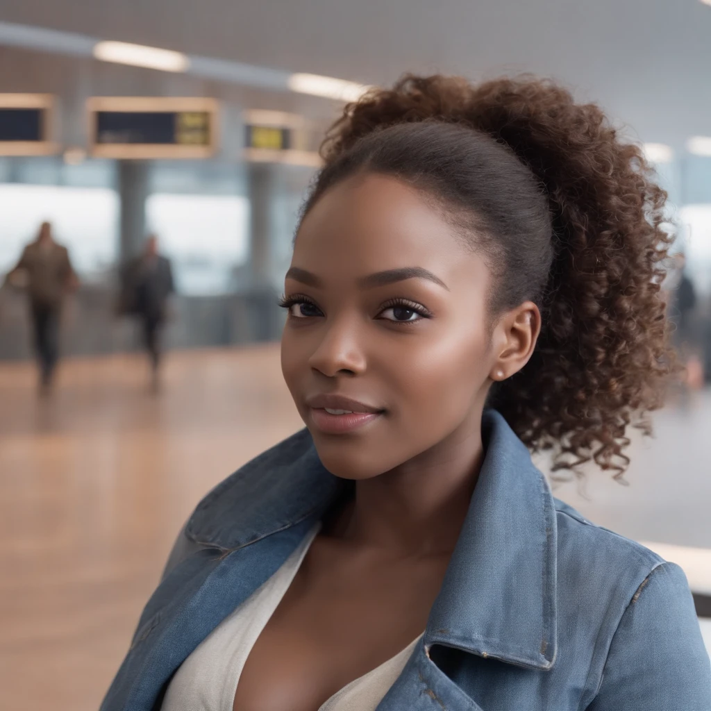 ((Dark African skin, Very deep ebony skin)), ((Its beauty is undeniable)), ((Excited cute face)), ((Hyper detailed perfect eyes,)), ((Language output)), ((Tired)), sexy, ((beige warm winterjacket, jeans, airport, sitting in the lounge)), ((Afro ponytail with long African curly hair,)), ((skin)), ((standing, front view)), ((touching her own legs in a sexy pose)), ((Schiphol, airport, sitting in the lounge, morning, people in the background)), Sharp Focus CGI, photorealistic, High detail, Realistic, Masterpiece, absurd, Best quality, Hdr, High quality, high-definition, Extremely detailed, 8k wallpaper, Intricate details, 8K UHD, Full-HD, (photo realist:1.2), contrast, intense illumination, lighting cinematic, natural lighting, morning light, winter, Illumination globale, Laughing out loud, African women, Female sexy, The Hague