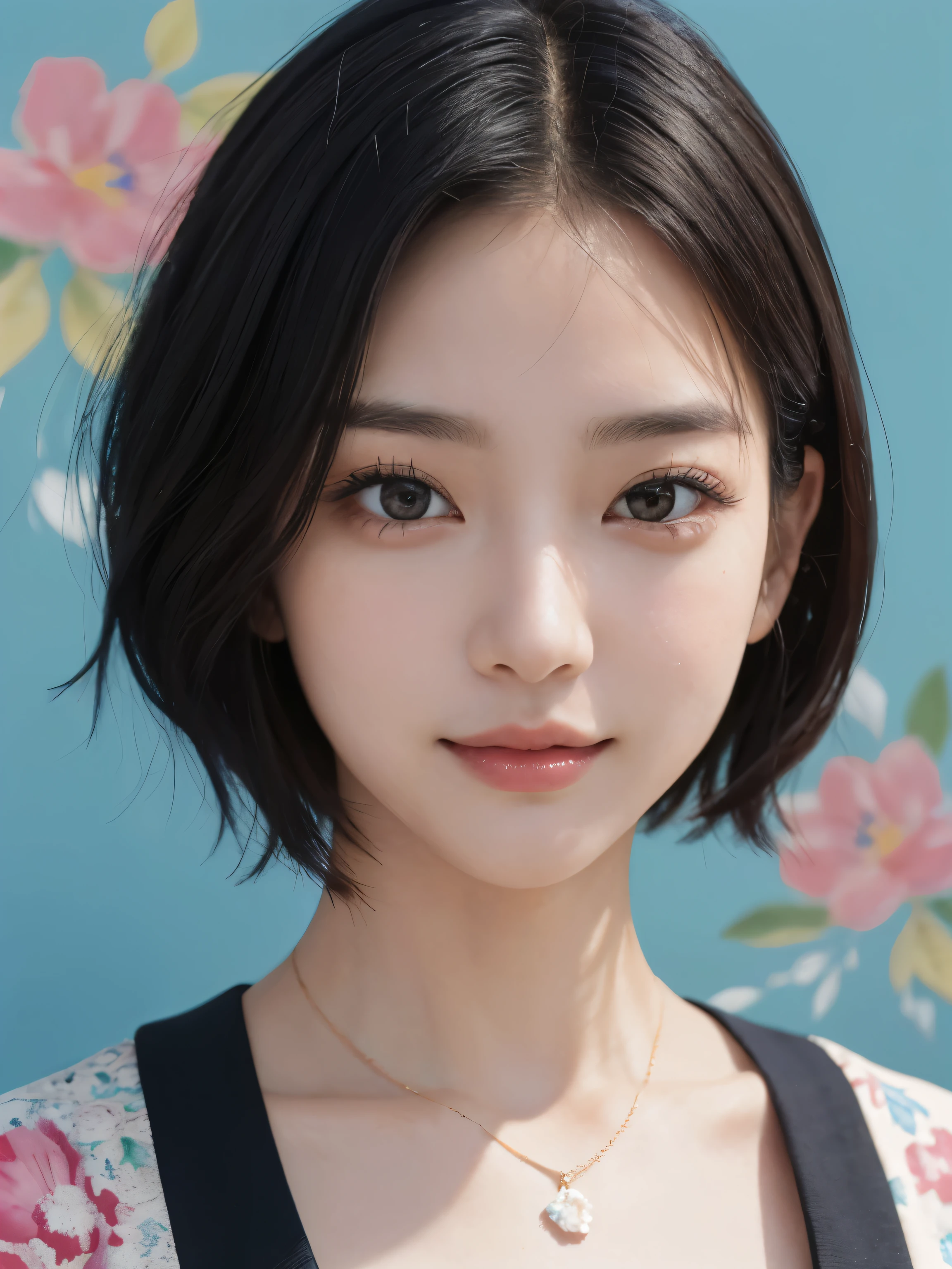 ​masterpiece、The highest image quality、hightquality、Beautuful Women、japanes、Popular Korean Makeup、detaileds、detailedsな目、detailedsな皮膚、Beautiful skins、超hight resolution、(现实:1.4)、very extremely beautiful、Slightly younger face、Beautiful skins、thin-waist、(A hyper-realistic)、(illustratio)、(hight resolution)、(8K)、(非常にdetaileds)(The best illustrationeautifully detailed eyes)、(超detaileds)、(wall-)、(detaileds顔)、ビューアのdetailedsを見る、 detailedsな顔、pureerosfaceace_v1、A smile、Looking straight ahead、photos realistic、Colorful hair color、(((very_Short_hair)))、((Background Simple,florals))