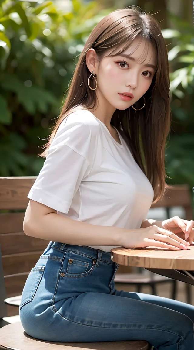 (bestquality, Piece Table, ultra hd: 1.3), 1girl in, Middlebox, Light brown hair, blunt bangs, hair behind ear, hair over shoulder, long-haired, Slender Figure, ultra-fine face, Sensitive lips, beautidul eyes, Thin blush, The eyes are light brown.......... , Perfect glossy skin, Flawless skin, Glittering sweat, See here.......... ., Ultra-thin hands, Ultra-fine fingers, best ratio four fingers and one thumb, (reality:1.3), finger extension, white blouse, White short skirt, super model legs, flat. , Eye-Level Shot, chesty, 10,Broadleaf forests (environment, shopping mall) (Denim Dresses,Official shirt,There are letters on the shirt......'chesty s.)