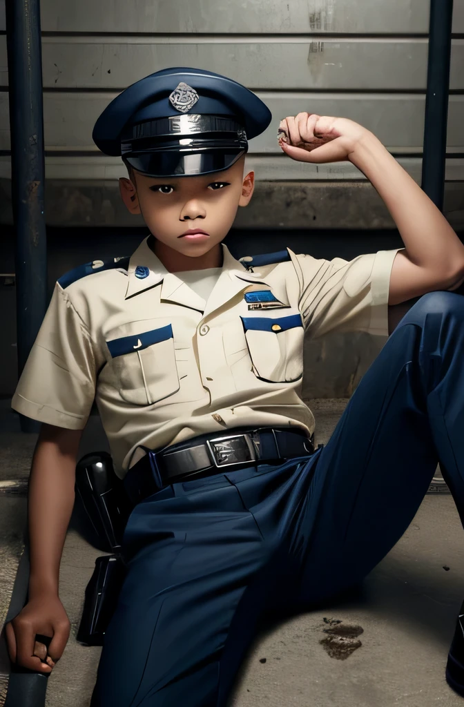  male boy, serious face, angry face, detail police uniform, wear cap, Shaved head faded sides lying down, leg open widely, look on uniform belt trouse, REALISTIC, dirty prison background, urine on ground, whip butt, closer look on belt, view from bottom, view uniform trouser look