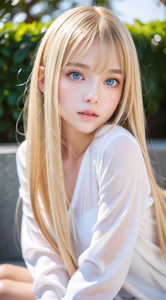 beautiful very cute girl、Sexy and very beautiful cute face、Beautiful cute sexy eyes、Very super long beautiful pearl blonde silky shiny hair、Her super long blonde hair reaches down to her feet and tangles all over her body.、Sexy long bangs hanging down on the face、Beautiful light marine blue eyes、very big eyes、校服、Small face beauty、glowy skin、Gloss Face、white glowing young skin、Beautiful skin、cheek highlights、