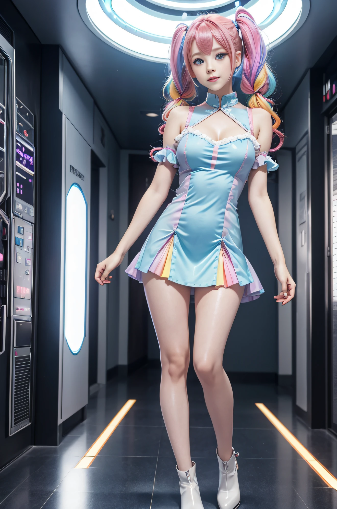 Cute redhead, gravure Idol, with rainbow colored hair tips, ribbons in her hair, 18-year-old woman, happy, in twin tails, perfect symmetrical eyes, clear sparkling blue eyes, pale skin, silky smooth skin, standing on a fancy luxurious space ship, large futuristic corridor, control panels, wood trim, decorative plants, warm lighting, wearing a futuristic party dress, pleated (chemise) mini dress (pastel rainbow colors, and polka dots), wearing full body pantyhose, cute short cut booties.