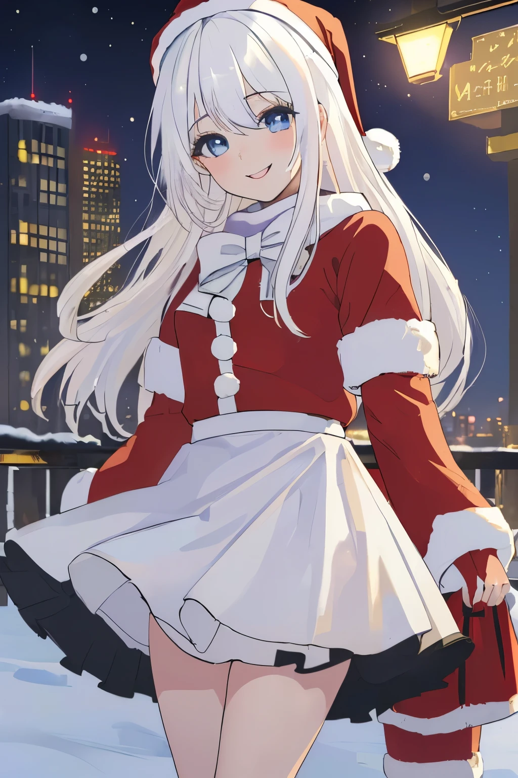 Chica anime, ((Masterpiece), top-quality, Top image quality, ((((solo)))), ((((white hair)))), long hair, Beautiful blue eyes, Shining eyes, dye one's cheeks red, smile, s girl, 18yo, cute, Santa Claus costume, mini skirt, sleeves_past_wrists, night, city, winter, 8k