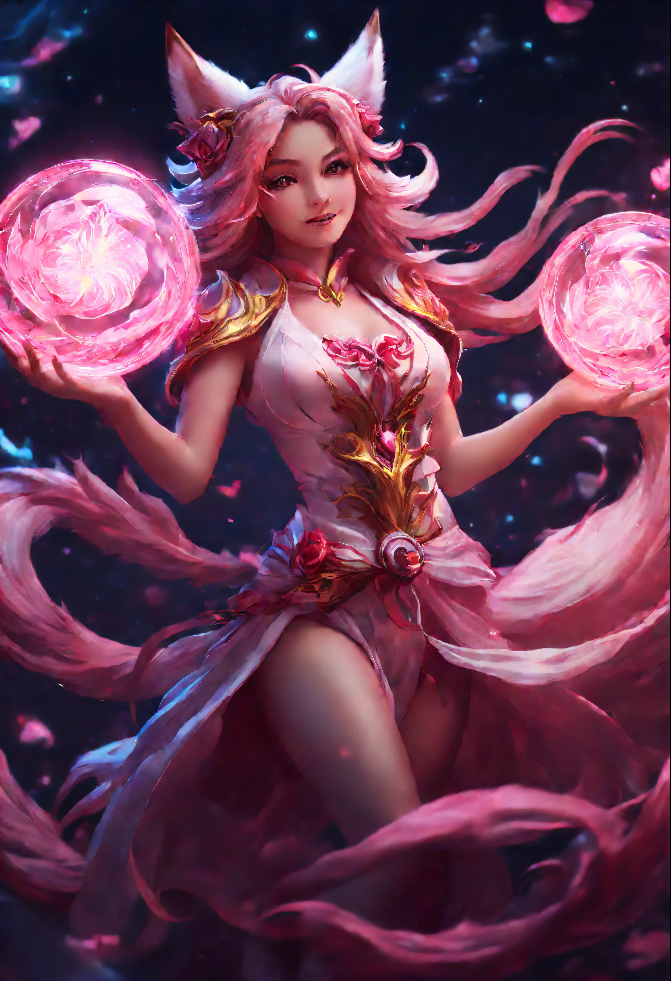 League of Legends Ahri, smiling magical nine tailed detailed Beautiful Human kitsune, Magical Pink hearts floating the air, Swirling Mystical ball of energy in hands, ethereal magic coming off the body, intricately detailed, dramatic, a masterpiece, 8k resolution, fantasy concept art, dynamic lighting, hyperdetailed, intricately detailed, trending on Artstation, deep color, Unreal Engine, volumetric lighting