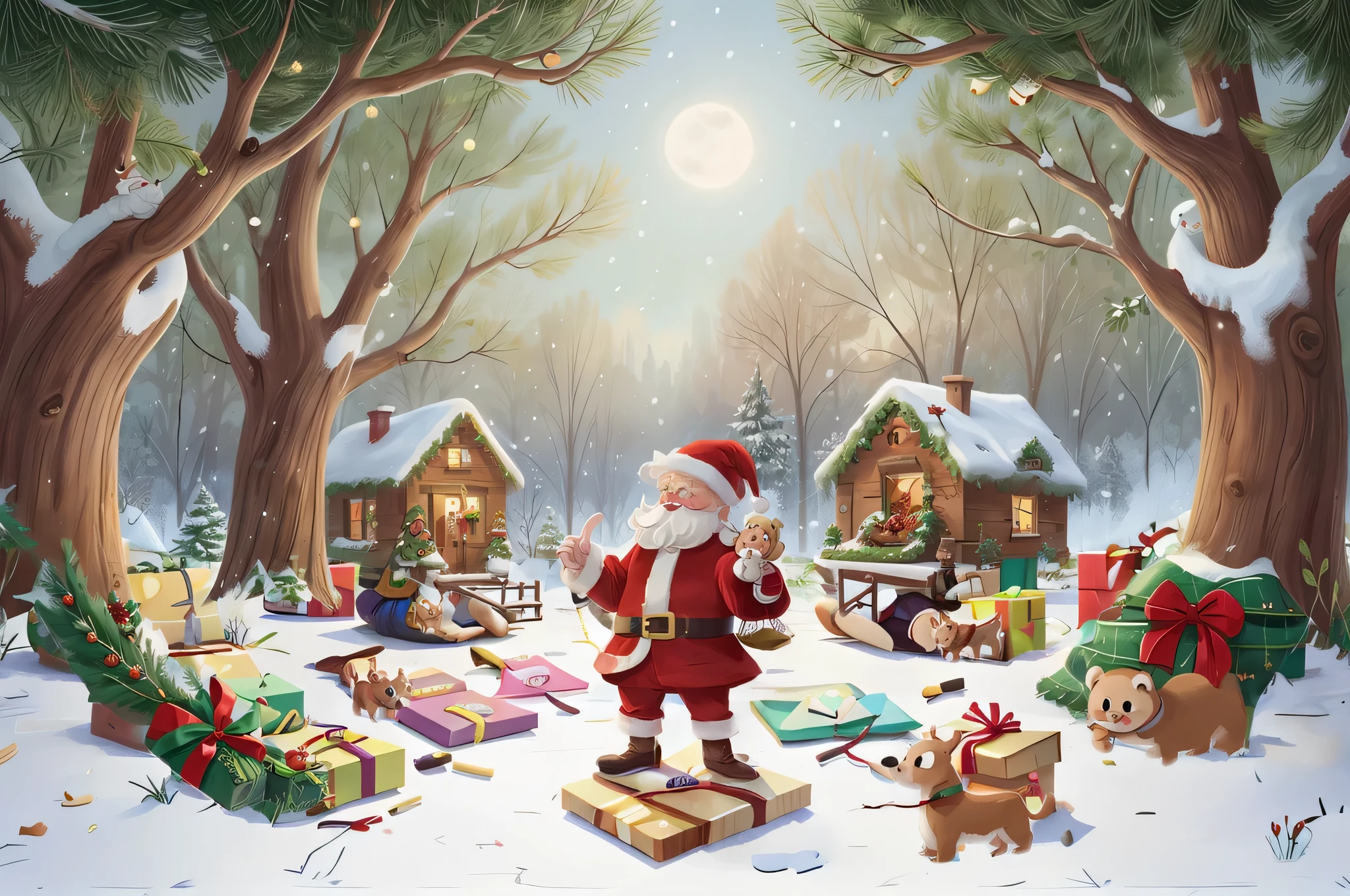 There are some gift boxes on the ground，and small animals
