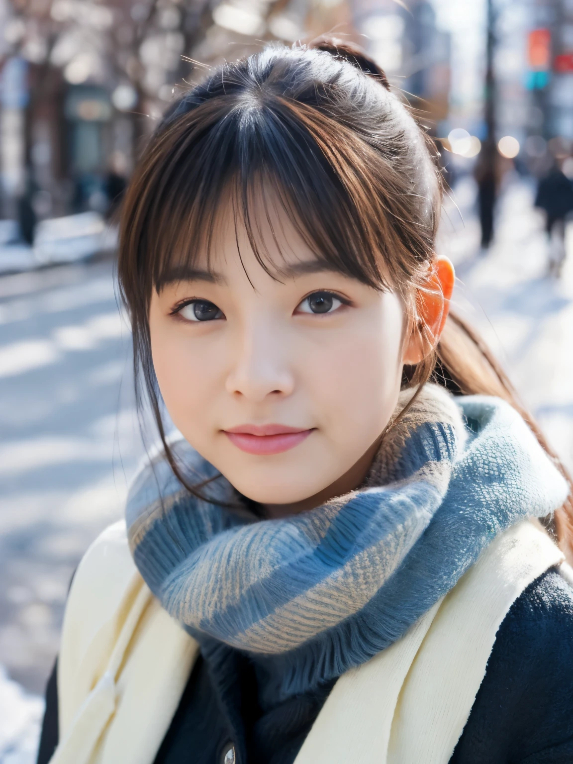 Photorealsitic, 8k full-length portraits, Beautuful Women, A charming expression, poneyTail, , TOKYOcty, Winters, Shibuya in the background