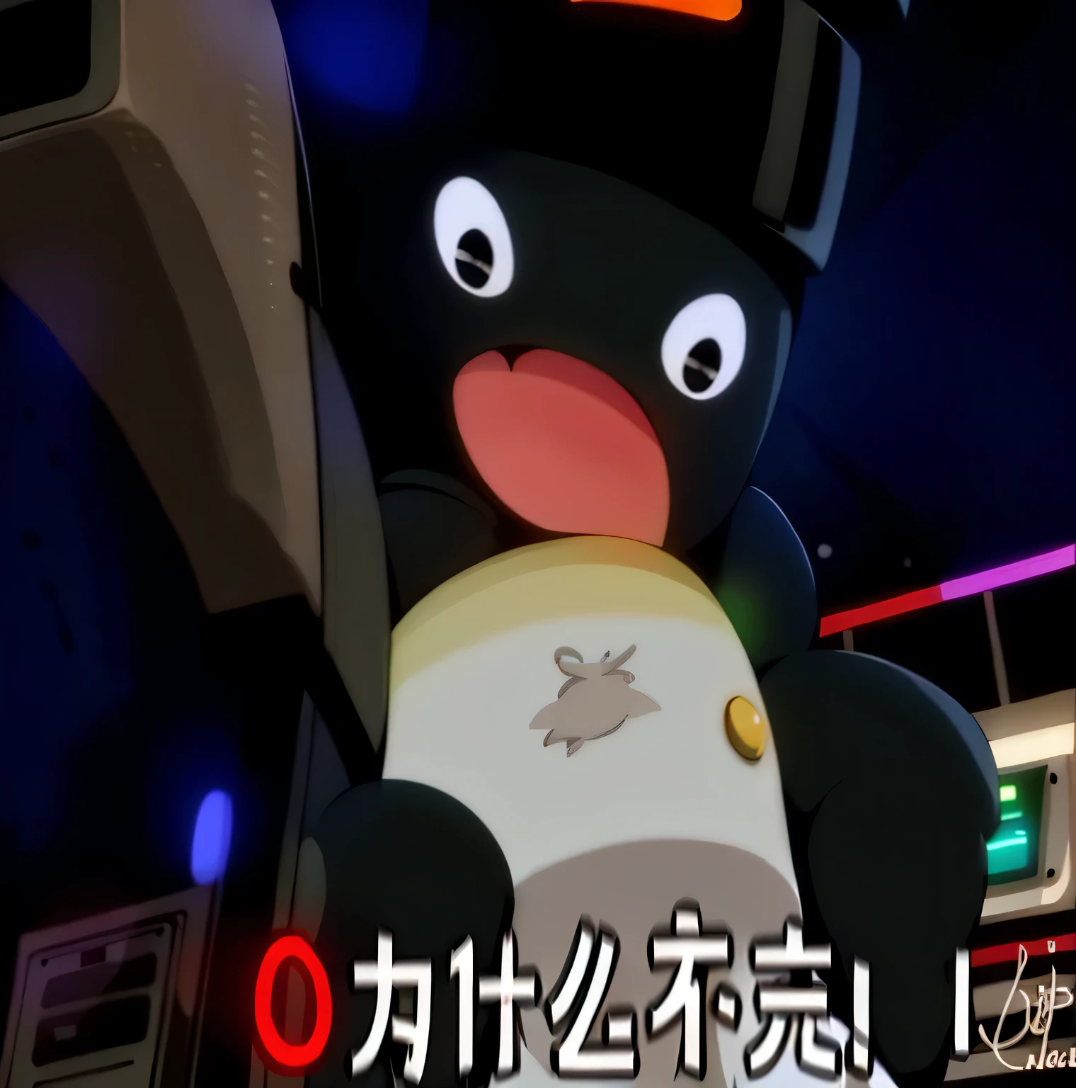 someone is holding a remote control in front of a pinguin, Pinggu, virtual chat, anthropomorphic pinguin, pinguin, Inner height, mecha anthropomorphic pinguin, reddit memes, Rhygos from beast star, Pinggu sitting behind a computer, pinguinz0, kumamoto,Wear a pink dress,with sunglass,golden necklace