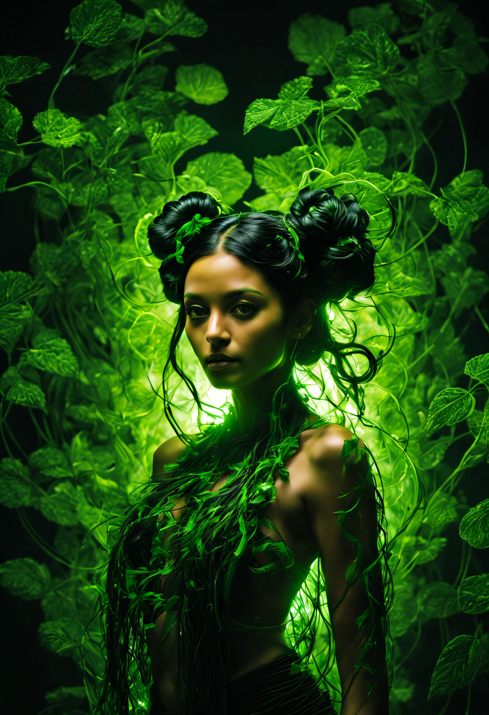 ((Ultra Long Exposure Photography)) Indian woman with long black hair in space buns. She is the goddess of horticulture. She's covered in millions of microscopic ultra bright green lians strings emanating from her body. beautiful backlit silhouette, high detailed, covered in vines and leaves. Green color palette.