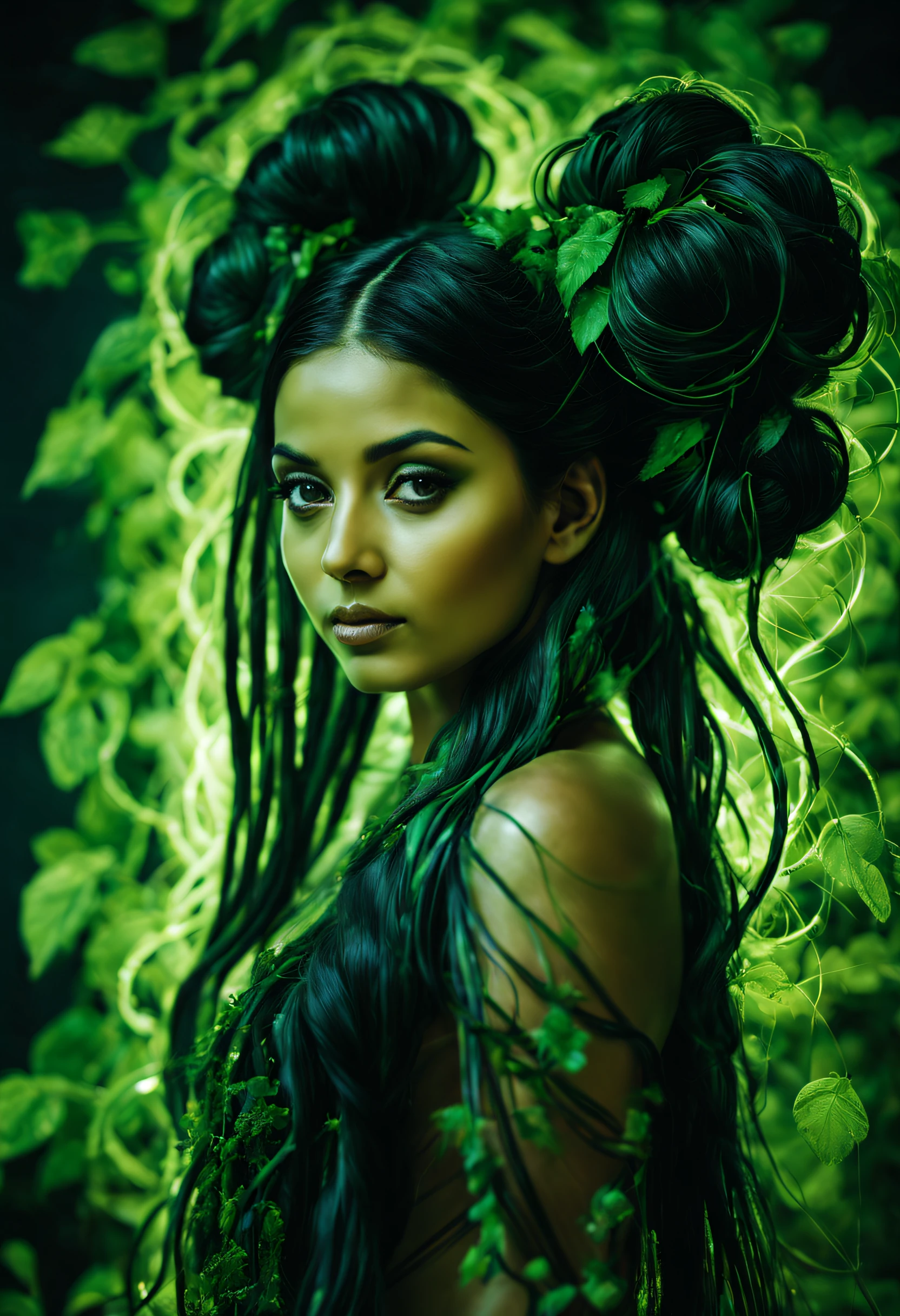 ((Ultra Long Exposure Photography)) Indian woman with long black hair in space buns. She is the goddess of horticulture. She's covered in millions of microscopic ultra bright green lians strings emanating from her body. beautiful backlit silhouette, high detailed, covered in vines and leaves. Green color palette.