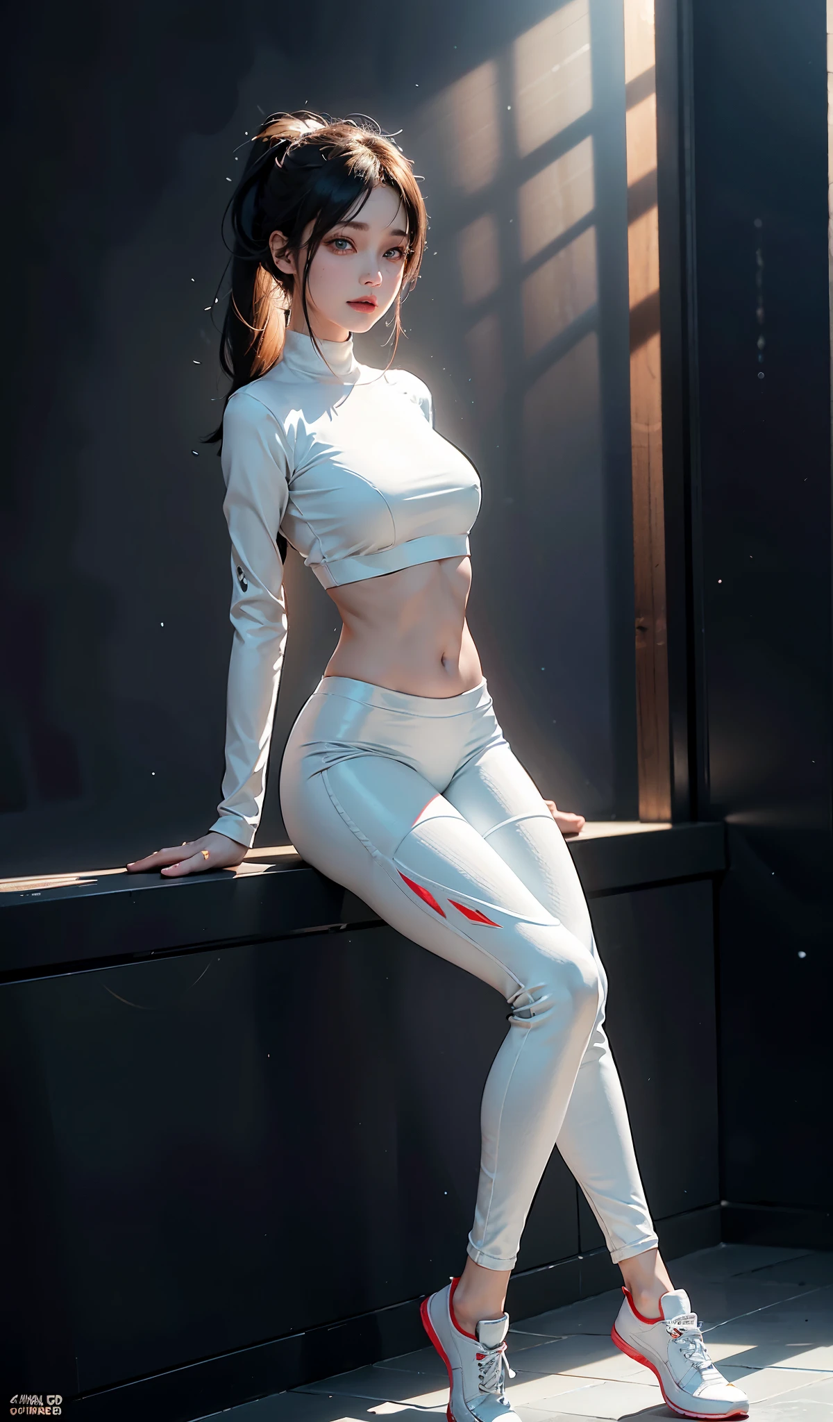 beautidful eyes，Red-faced，The lips are slightly open，full, Symmetrical，Highlight the buttocks，Skinny sweatshirt，（White skinny yoga pants：1.5），Camel toes，The line between the thighs is very delicate，White sneakers colorless hair，high ponytails，obi strip，tattoo is，solid color backdrop，hips close， HighDynamicRange（HighDynamicRange）， ray traycing， NVIDIA RTX， Hyper-Resolution， Unreal 5， sub surface scattering， PBR textures， Post-processing， Anisotropy Filtering， Depth of field for maximum clarity and sharpness on any layer texture， Albedo e mapas Speculares， Surface Coloring， Accurately simulate the interaction of light with materials， Rendered by Octane， twotonelighting， Low ISO， White balance， trichotomy， largeaperture， 8K original， High efficiency sub-pixel， sub-pixel convolution， （Luminous Particle：1.4）， {{tmasterpiece， Best quality， extremaly detailed cg， Unity 8k壁纸， 3D， 电影灯光， lens flare glow}}，