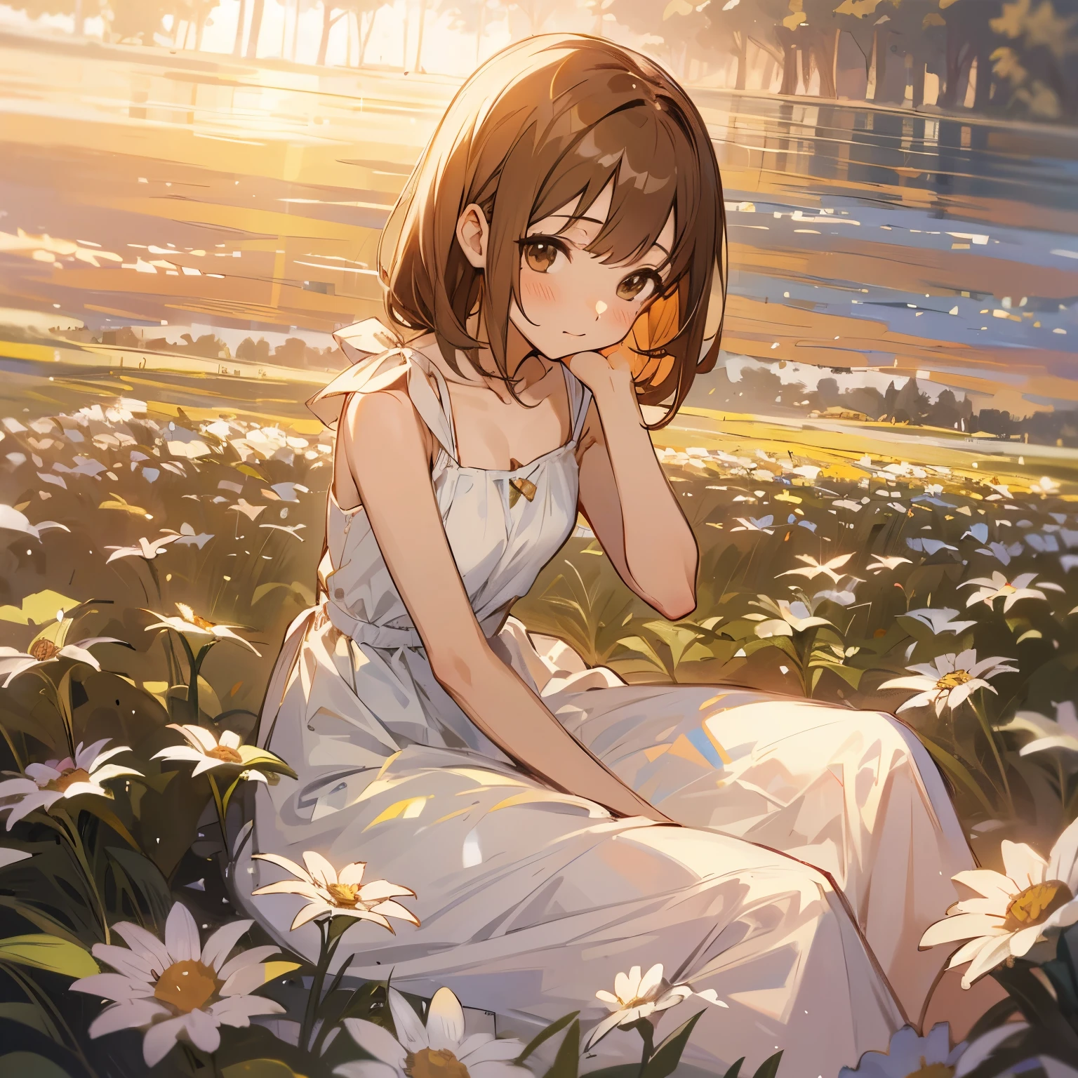 1girl in, Solo, ((masutepiece)), ((Best Quality)),  white sundress, flower  field, Sunny, Summer, Dress, Sunlight, Brown long hair, Brown eyes, be shy、Sit up