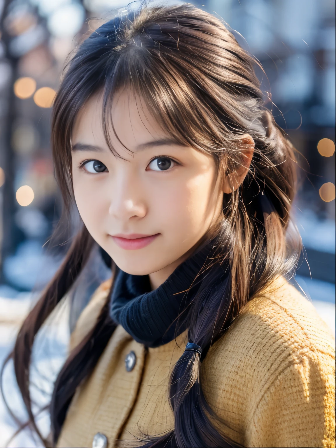 Photorealsitic, 8k full-length portraits, Beautuful Women, A charming expression, poneyTail, , TOKYOcty, Winters, Shibuya in the background