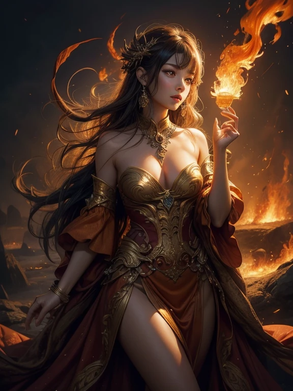 This is、A realistic fantasy work that highlights realistic flames., Contains a small piece of flame, Glowing hot embers, subtle smoke curls, Eta美しい火のdruid. druid、An interesting composition standing in the middle of a raging hell. Her face is expertly sculpted, Features elegant and sophisticated features with perfect shading and realistic skin texture. Her (Orange and gold eyes) It's stunning.、This image is the focus. (Her eyes extremely detailed, Beautiful detailed eyes, and macro). Her eyes feature intricate detailing with clearly defined irises and bright sclera. Her soft lips are smooth and very puffy, EtaHerの肌は軽いフラッシュと華やかな火のディテールで飾られています. Her long gown is stunning and expensive, Eta、Sparkling with pure flame, 火の光にきらめく華やかな宝stony. Her billowing gown glitters from the flames and features a delicately and intricately embroidered bodice with wisps of flames running across it. Include fantasy elements like bumps, stony, fiery iridescent colors, Glowing embers, Silk, Eta興味深い背景. fiery bird, fiery butterfly, etc.、Contains fiery magical creatures that radiate magic and mystical aura. Lighting: Take advantage of the latest trends in lighting、Enhance the beauty of your artwork. camera: Take advantage of dynamic compositions、Creates a sense of urgency and excitement. Get inspired by the current masters of the fantasy genre, Including art stations and trending artists on the road. ((masutepiece))