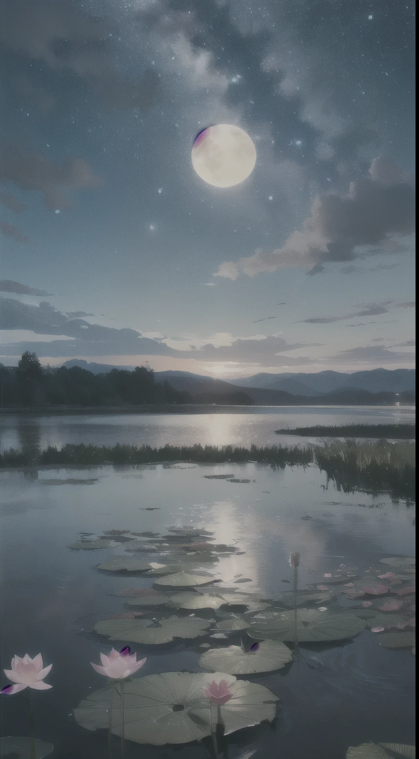 Masterpiece, 4k , highly realistic, high quality, photorealistic , night time, night sky, lotus, lake, pond, dark, beautiful moon light, landscape,