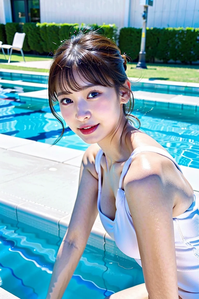 top-quality、超A high resolution、(Photorealsitic:1.4)、女の子1人, swimming pools、posing,selfee、The upper part of the body、white walls、cleavage、swimming pools