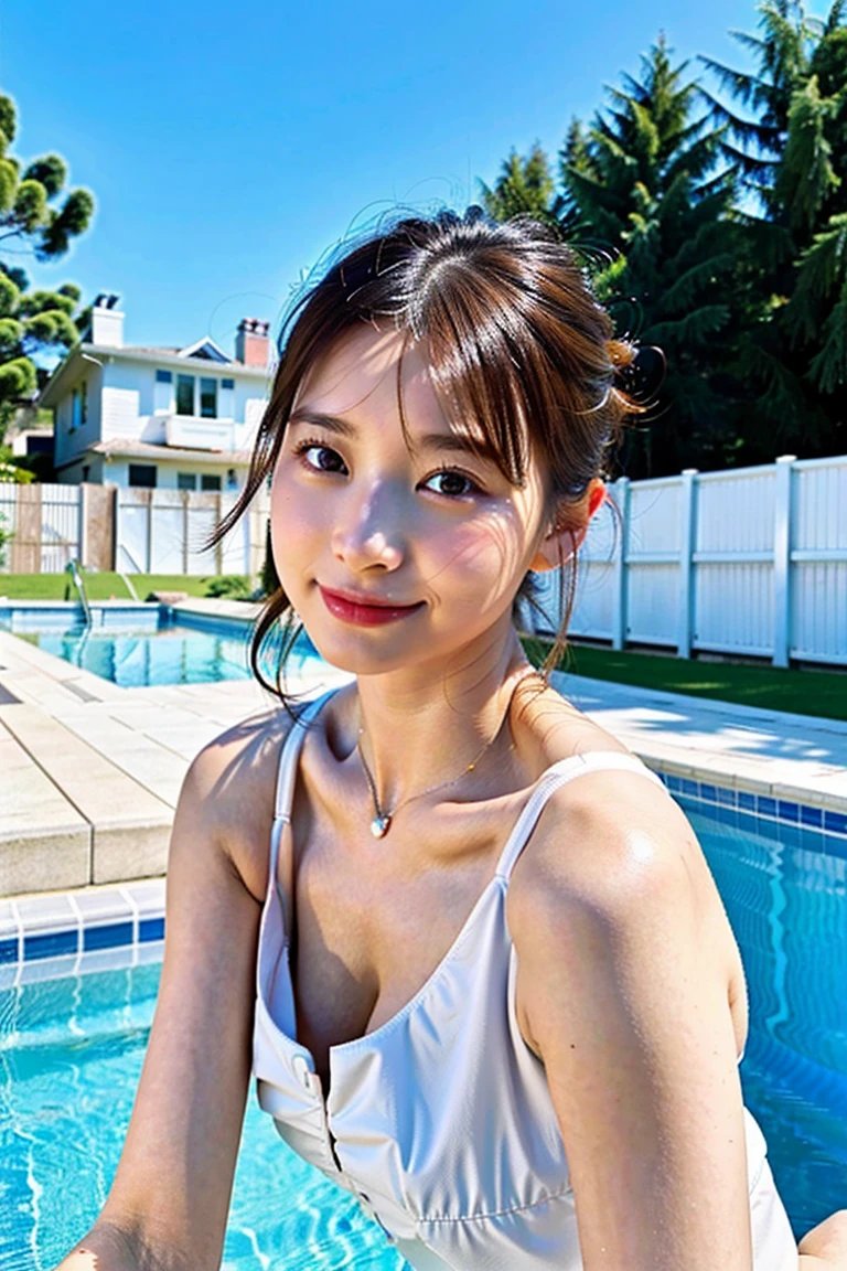 top-quality、超A high resolution、(Photorealsitic:1.4)、女の子1人, swimming pools、posing,selfee、The upper part of the body、white walls、cleavage、swimming pools