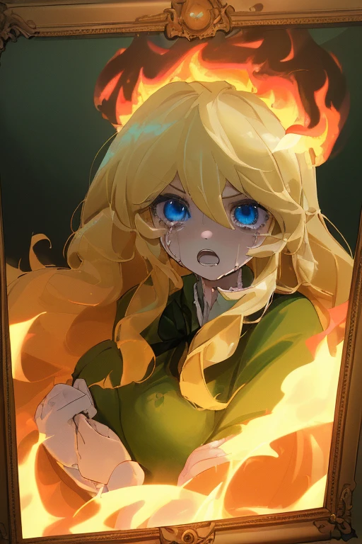 (Beautiful girl around 9 :1.5)，(Upper body photography:1.3)，Big blue eyes，(Eyes without light:1.5)，a blond，Wavy long hair，Blue ribbon on chest，long green dress，Black tights，(large picture frame:1.5)，dark ilumination，(burn:1.5)，(in the middle of the flames:1.5)，many yellow roses，(Painful look:1.4)，Open your mouth wide to the maximum，shed tears