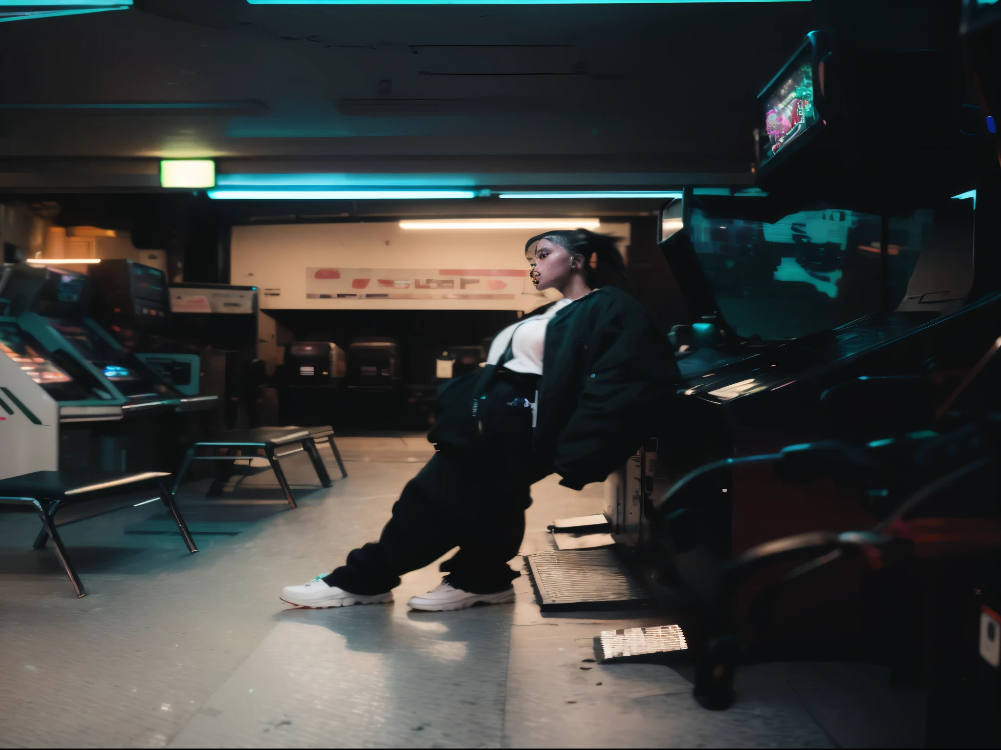 A woman is standing in a room with many arcade machines, Standing in a dimly lit room, photography of a techwear woman, woman in streetwear, lofi-girl, cinematic outfit photo, wearing cyberpunk streetwear, 『Cyberpunk Knight』On the rooftop, shot on leica sl2, wearing japanese techwear, Inspired by Liam Wong, in a cyberpunk setting
